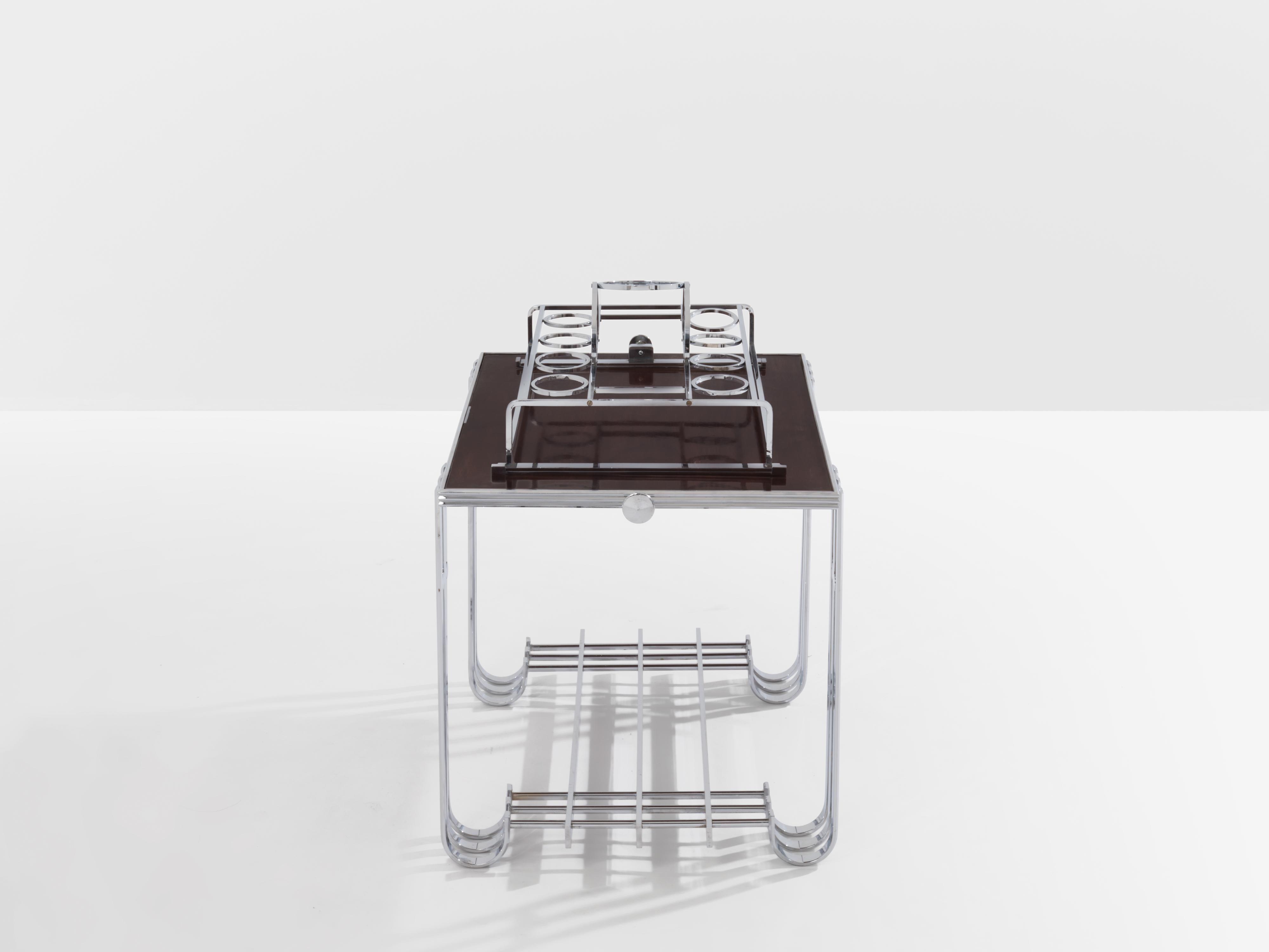 Mid-20th Century French modernist walnut boat bar table nickel-plated 1930s For Sale