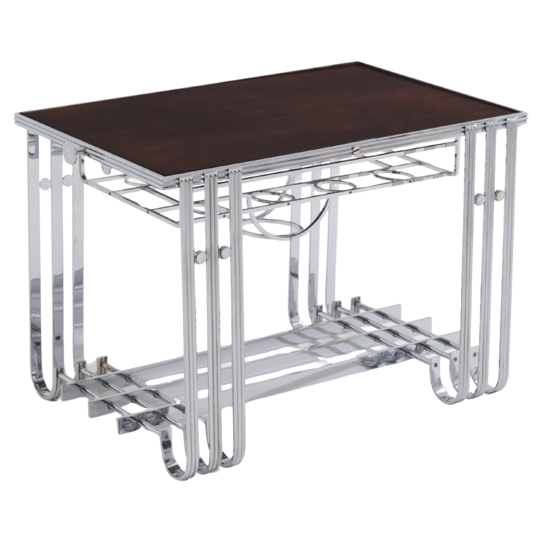 French modernist walnut boat bar table nickel-plated 1930s For Sale