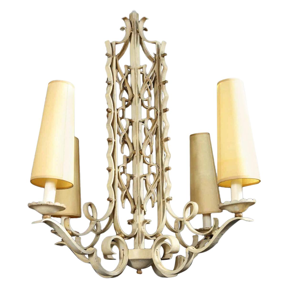 French Modernist White Painted Iron Chandelier For Sale