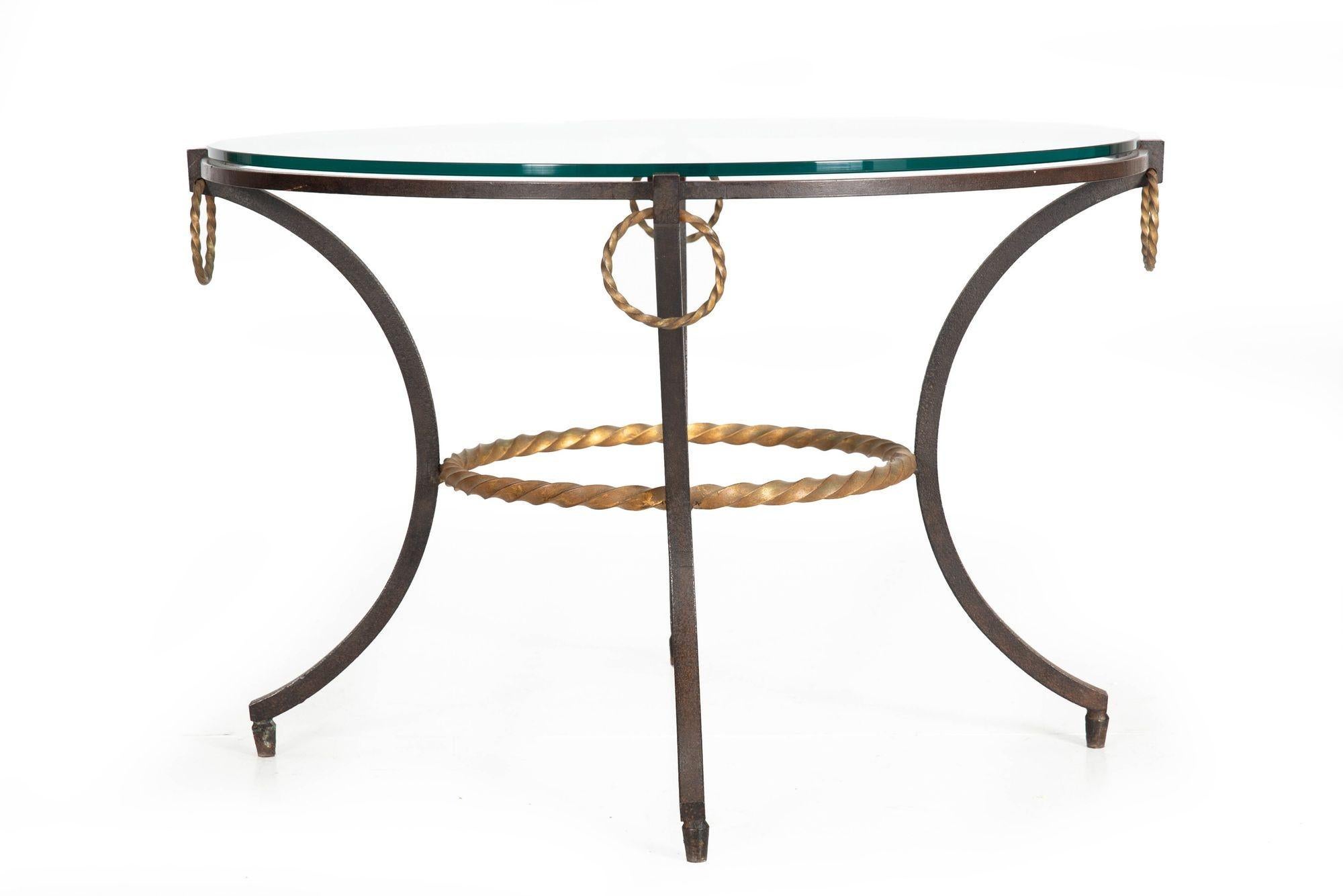 Gilt French Modernist Wrought-Iron & Glass Cocktail Side Coffee Table ca. 1950s For Sale