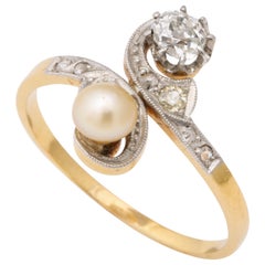 Antique French Moi et Toi Natural Pearl and Diamond Ring