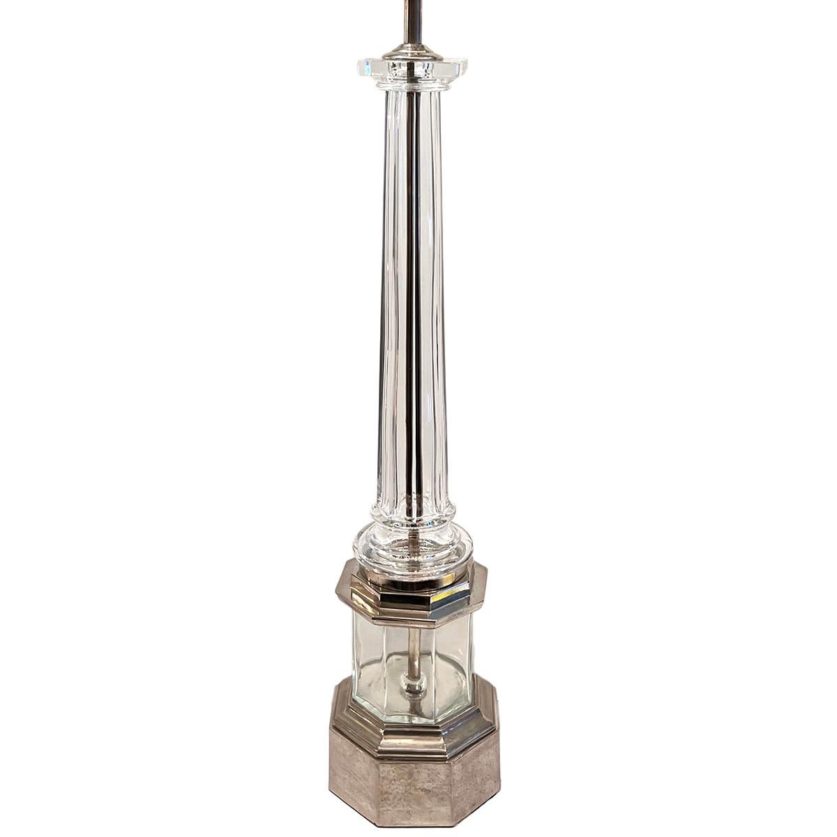 A circa 1950's French molded glass lamp with pedestal base.

Measurements:
Height of body: 26