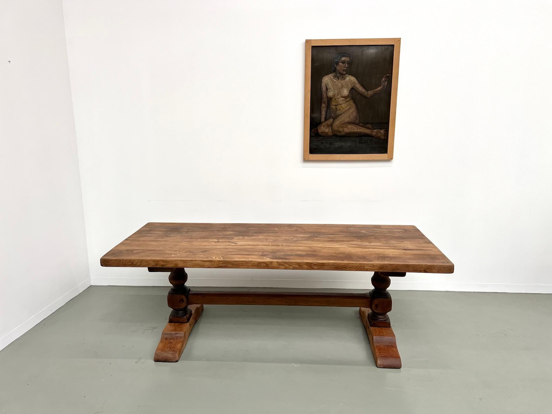 Very beautiful traditional monastery table in solid oak restored in our workshop so that its top is perfectly smooth and usable on a daily basis. To protect its superb patina, the table is matt varnished.

Note that the table is very heavy and