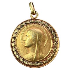 Vintage French Monet Virgin Mary 18K Yellow Gold Medal Pendant