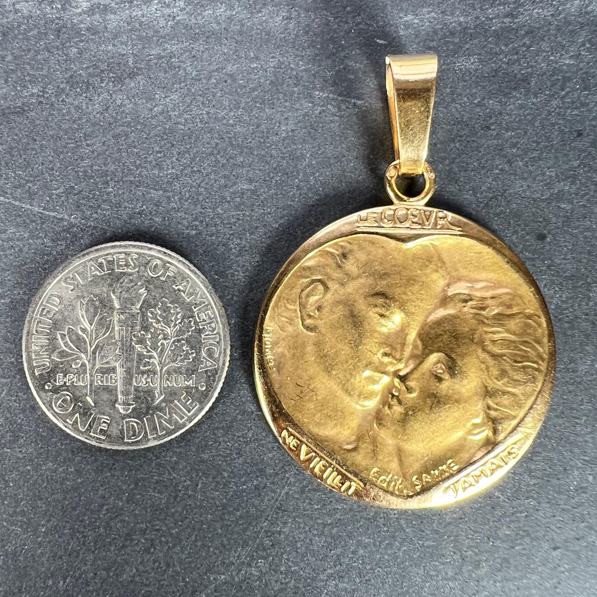 French Monier Love 'Le Coeur Ne Vieillit Jamais' 18K Yellow Gold Medal Pendant For Sale 6