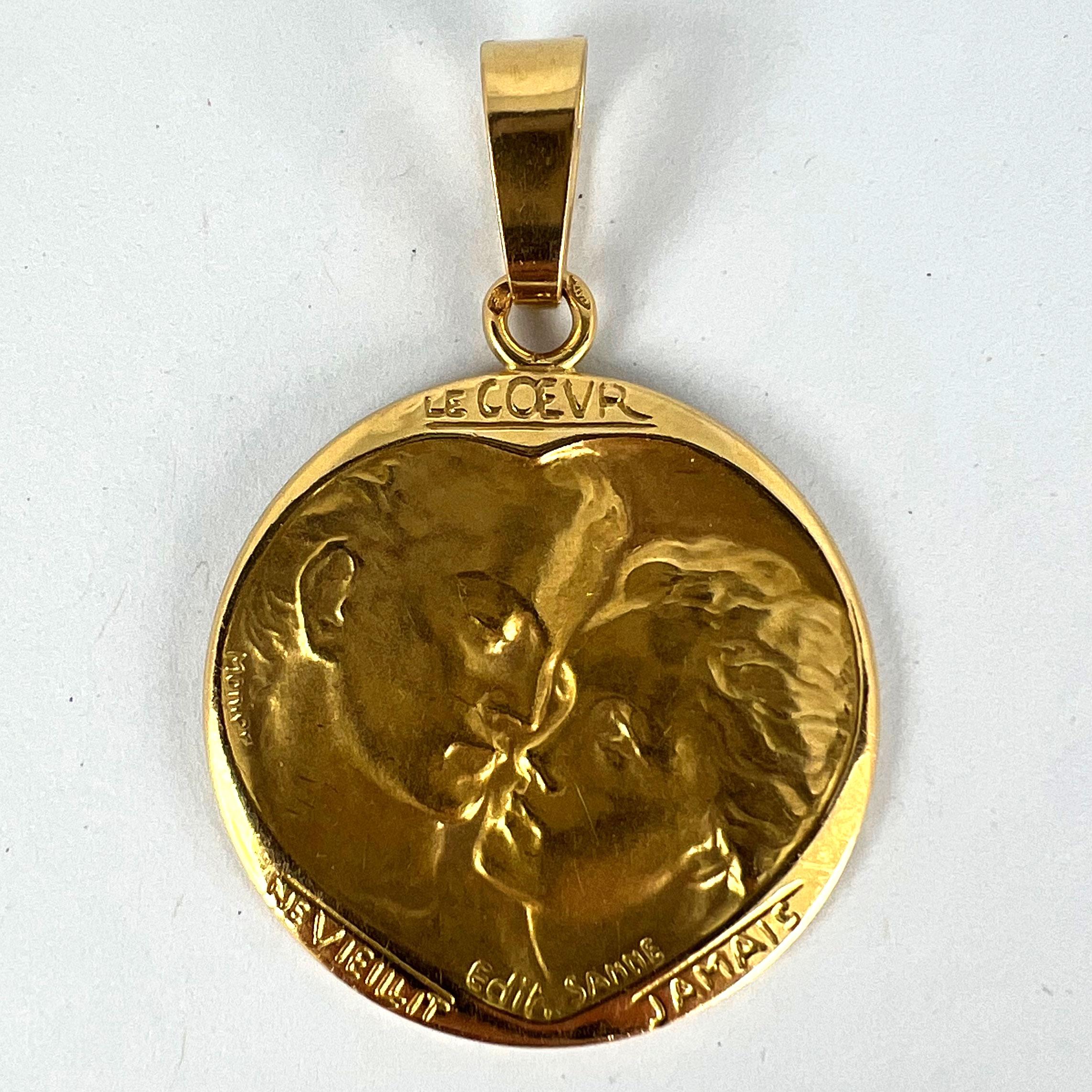 French Monier Love 'Le Coeur Ne Vieillit Jamais' 18K Yellow Gold Medal Pendant For Sale 7