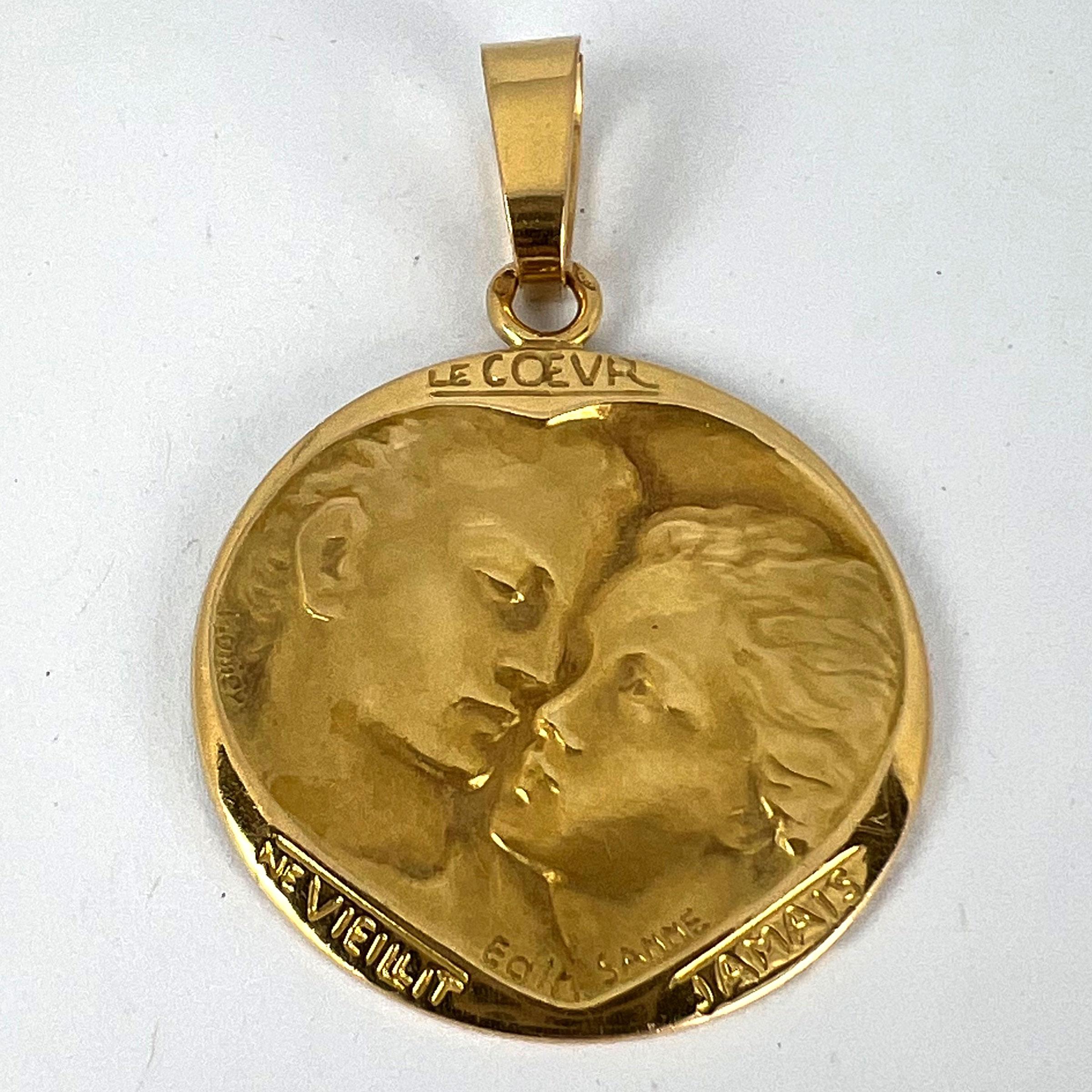 French Monier Love 'Le Coeur Ne Vieillit Jamais' 18K Yellow Gold Medal Pendant For Sale 8