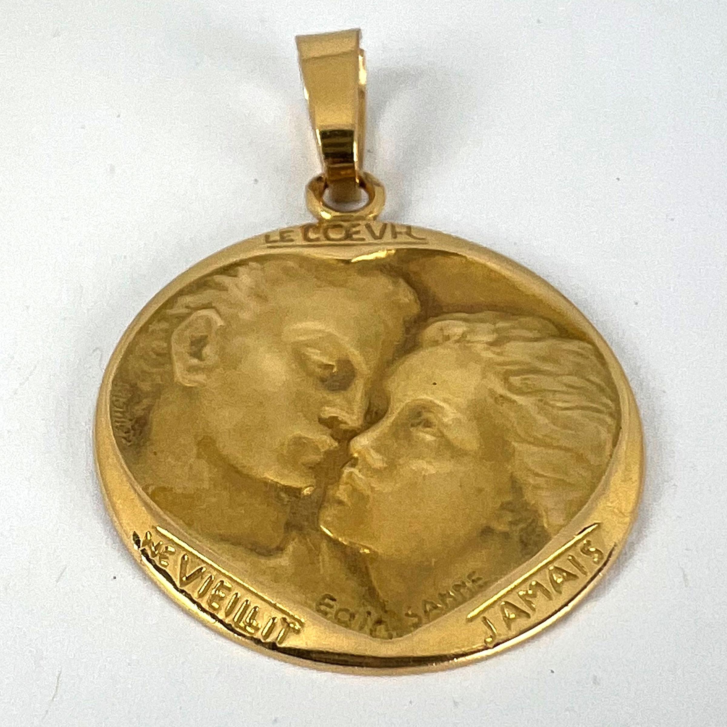 French Monier Love 'Le Coeur Ne Vieillit Jamais' 18K Yellow Gold Medal Pendant For Sale 9