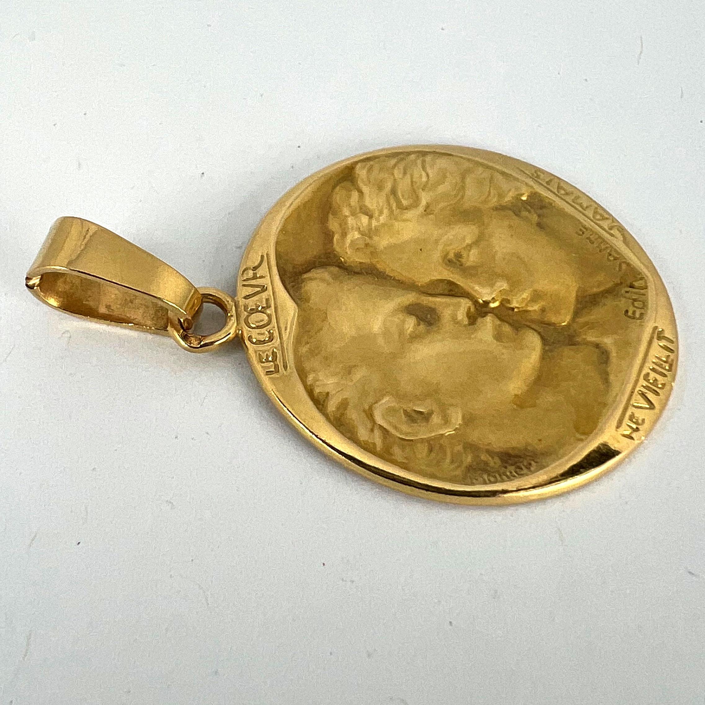 French Monier Love 'Le Coeur Ne Vieillit Jamais' 18K Yellow Gold Medal Pendant For Sale 10