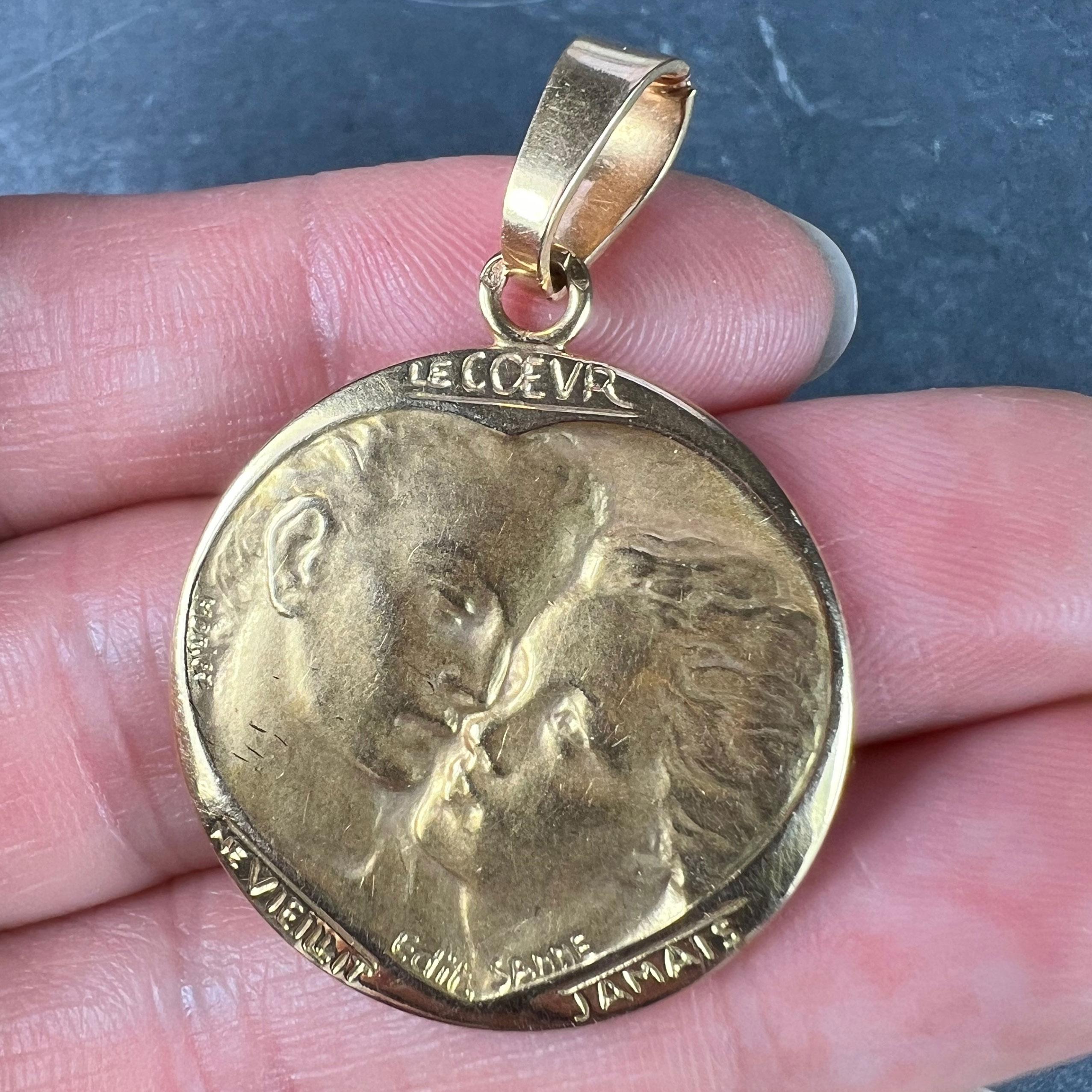 French Monier Love 'Le Coeur Ne Vieillit Jamais' 18K Yellow Gold Medal Pendant For Sale 1