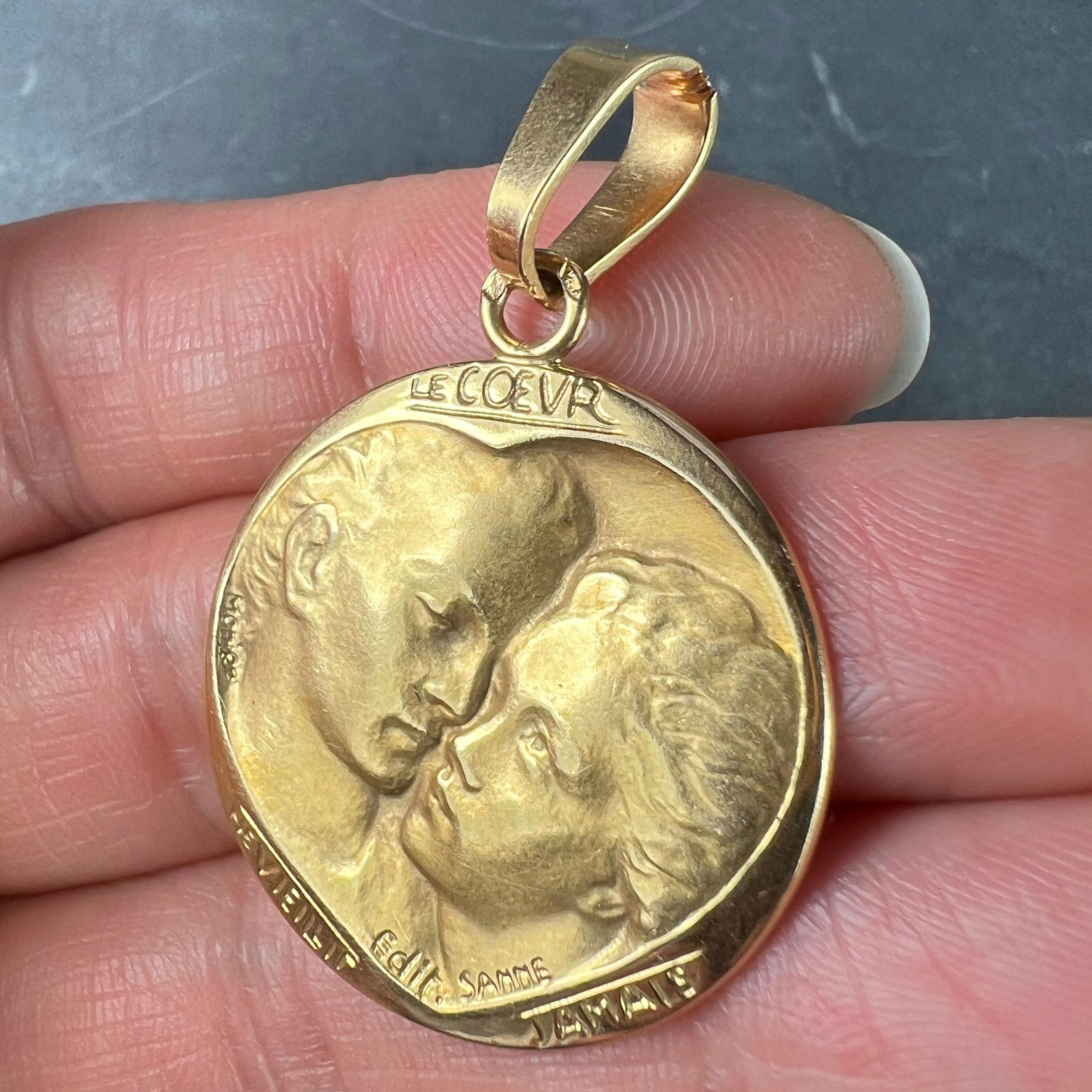 French Monier Love 'Le Coeur Ne Vieillit Jamais' 18K Yellow Gold Medal Pendant For Sale 2