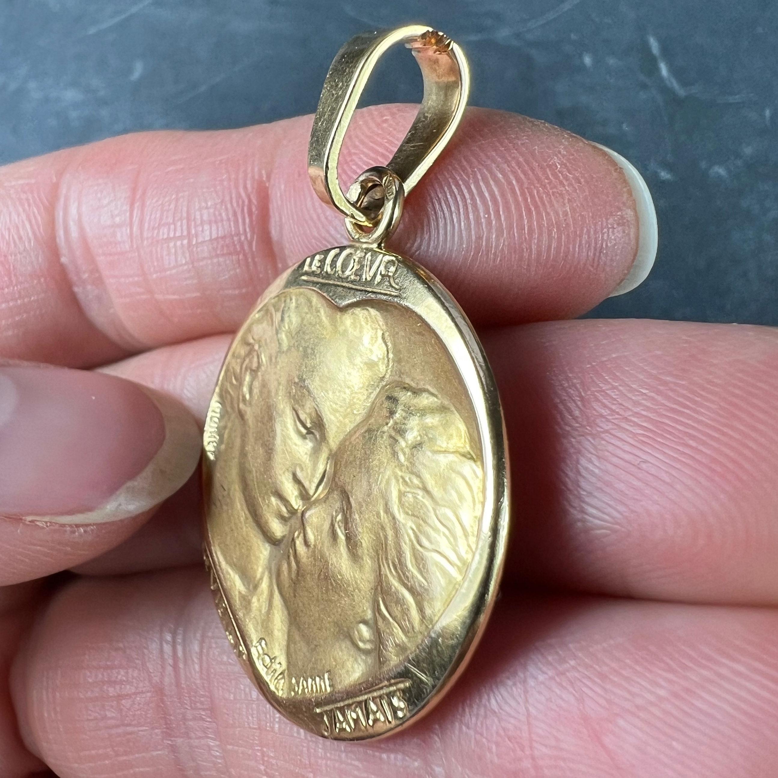 French Monier Love 'Le Coeur Ne Vieillit Jamais' 18K Yellow Gold Medal Pendant For Sale 3