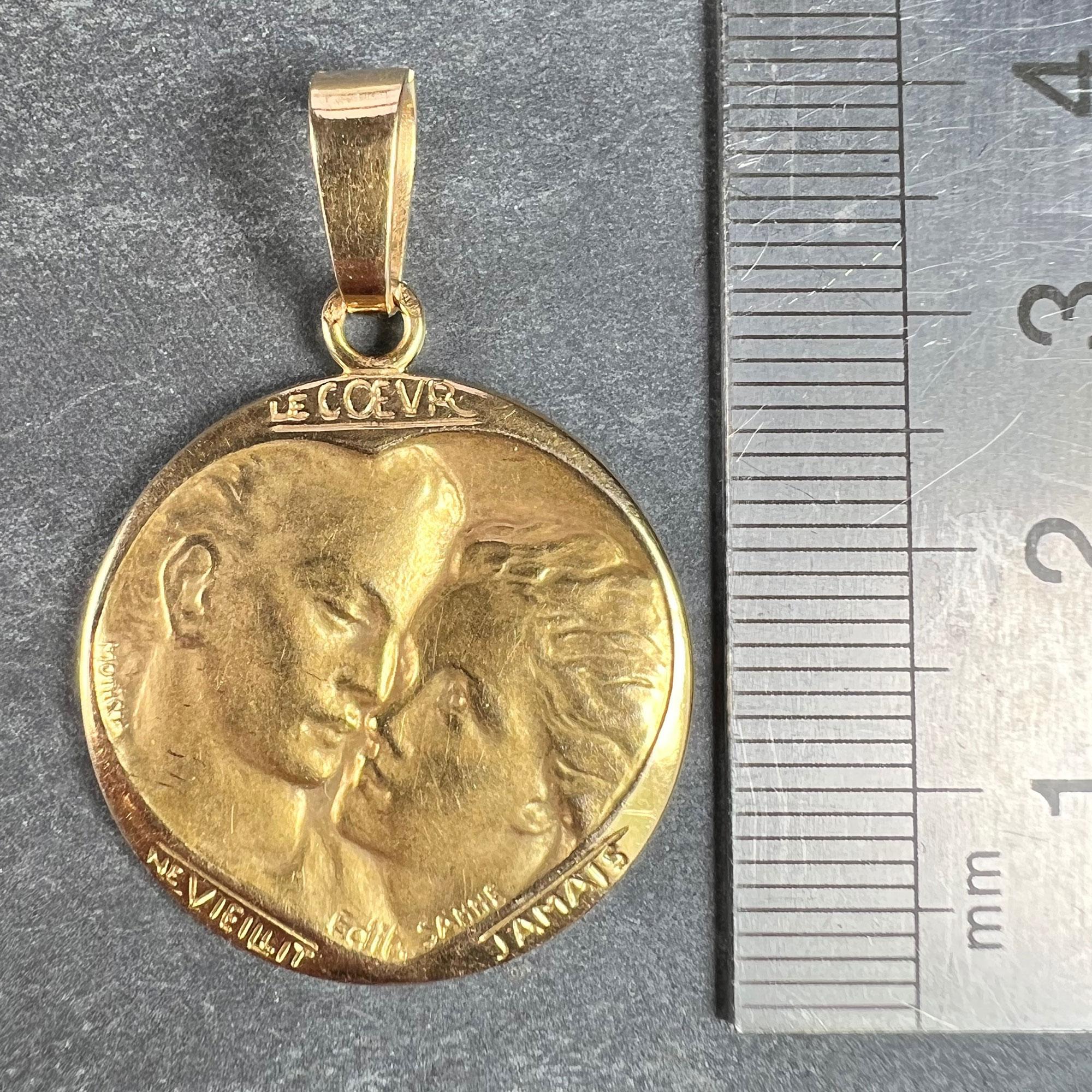 French Monier Love 'Le Coeur Ne Vieillit Jamais' 18K Yellow Gold Medal Pendant For Sale 5