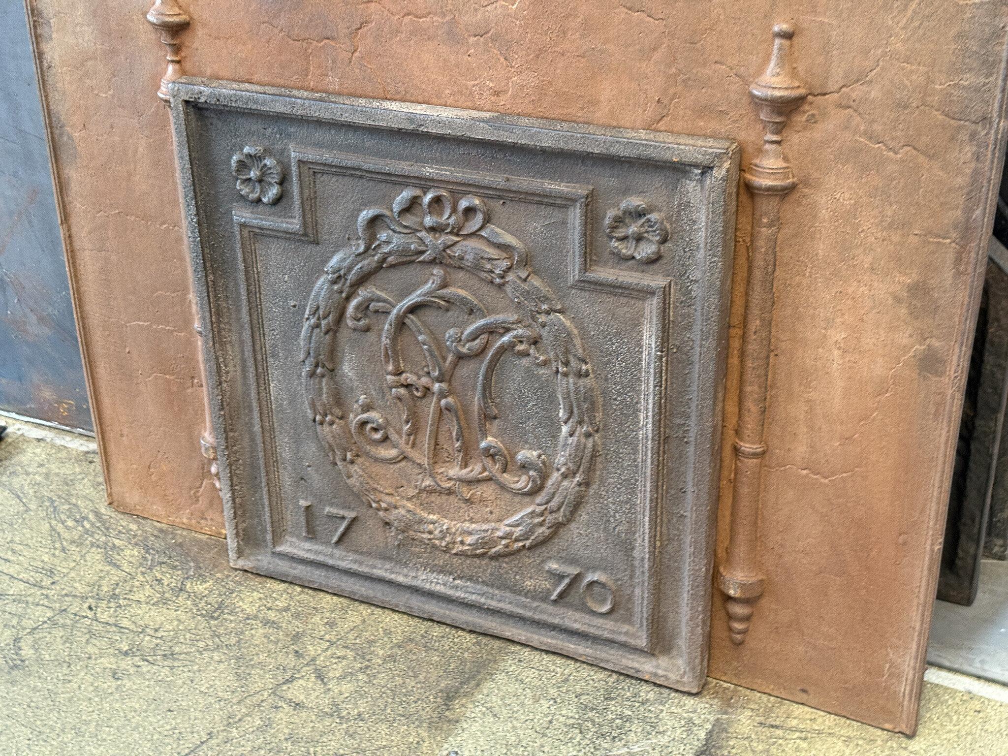 Cast French 'Monogram' Fireback / Backsplash Louis XV Period, Dated 1770 For Sale