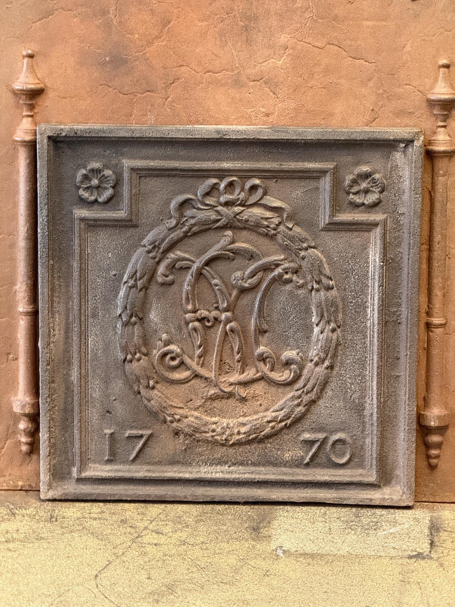 18th Century and Earlier French 'Monogram' Fireback / Backsplash Louis XV Period, Dated 1770 For Sale