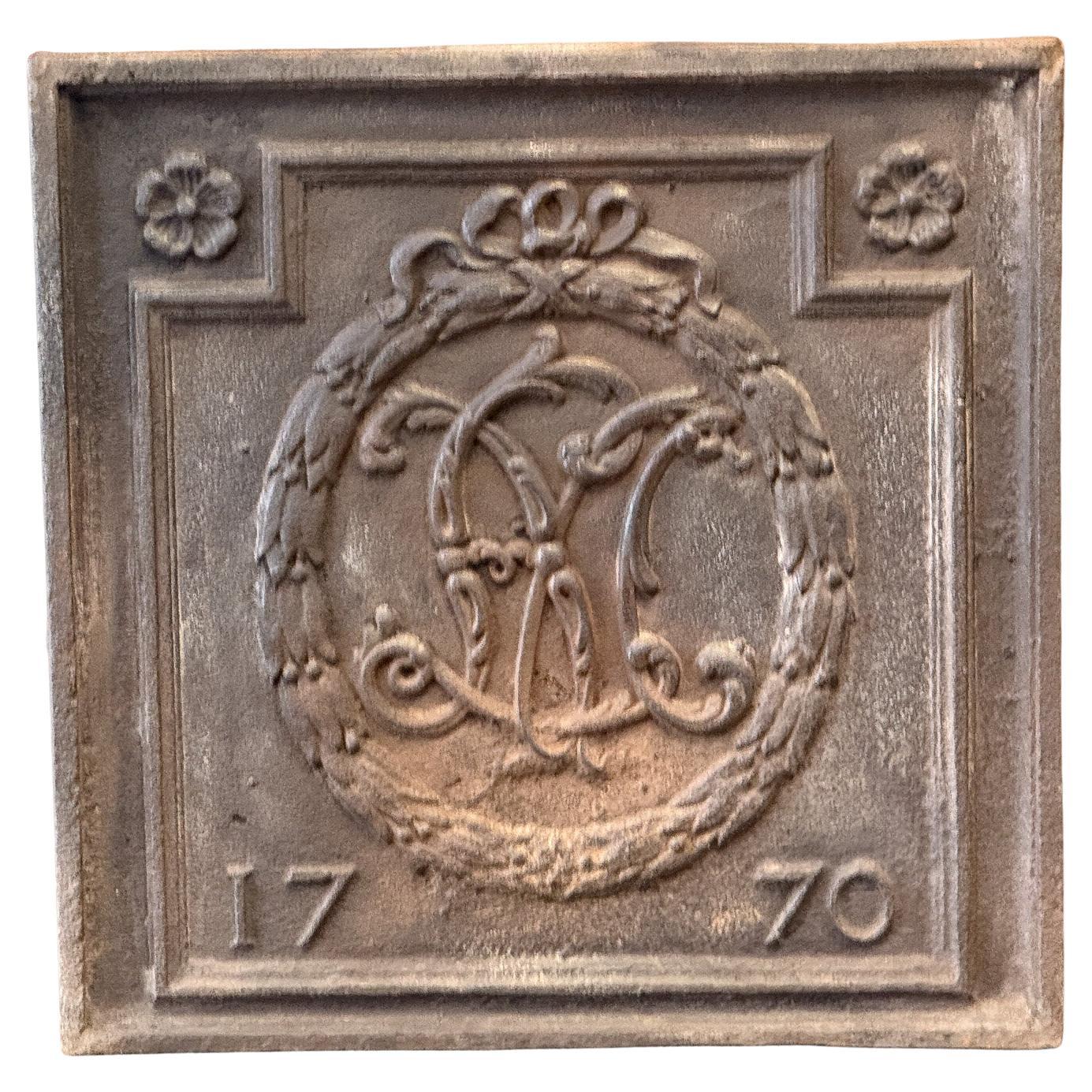 French 'Monogram' Fireback / Backsplash Louis XV Period, Dated 1770 For Sale