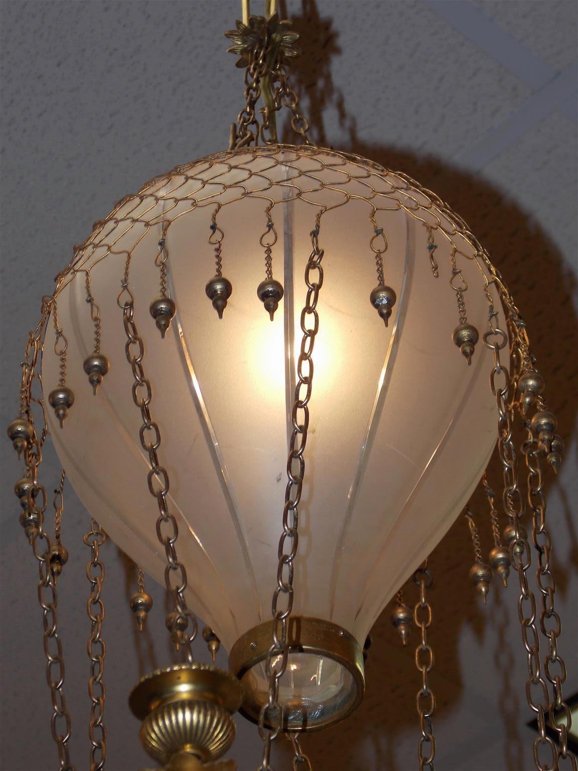 Louis Philippe French Montgolfier Gilt Bronze and Etched Glass Balloon Hall Chandelier, C. 1860 For Sale