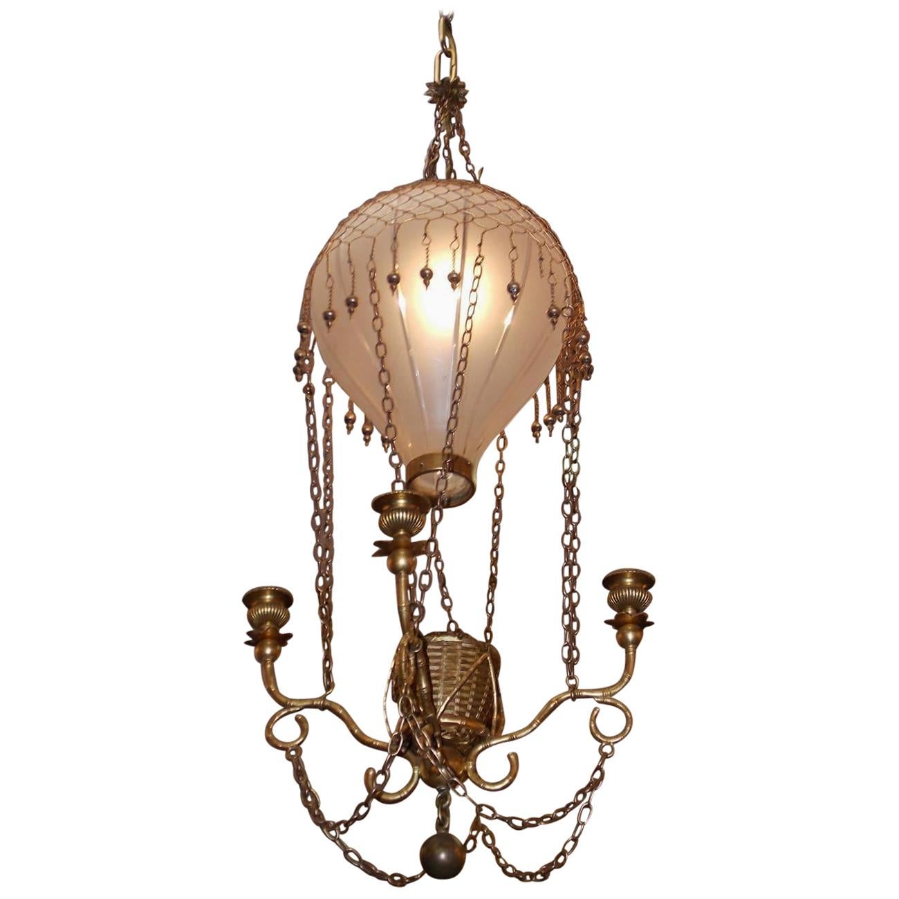 French Montgolfier Gilt Bronze and Etched Glass Balloon Hall Chandelier, C. 1860 For Sale