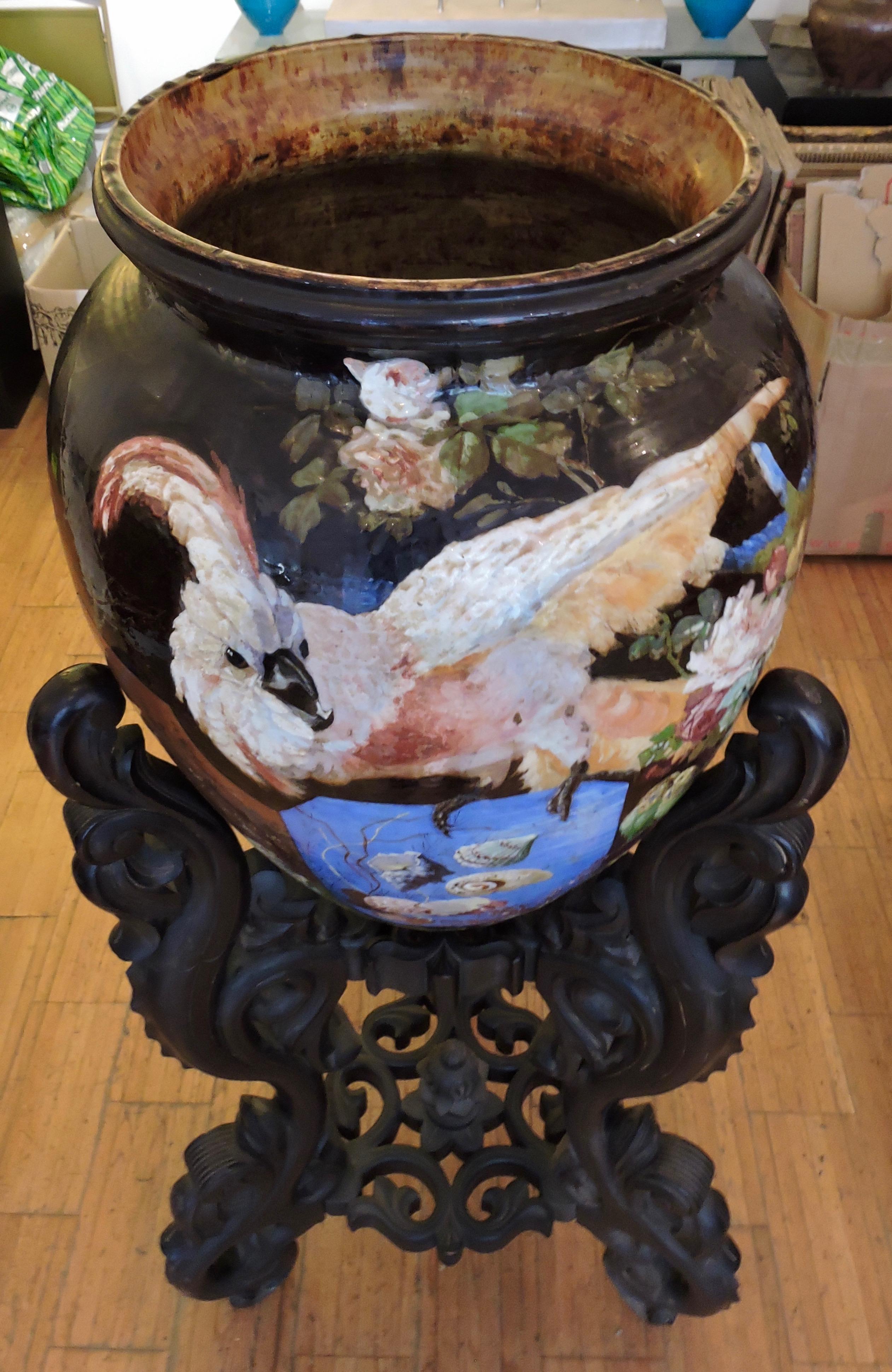Late 19th Century  French Monumental Japonisme Ceramic Jar on a Wood Stand, circa 1890