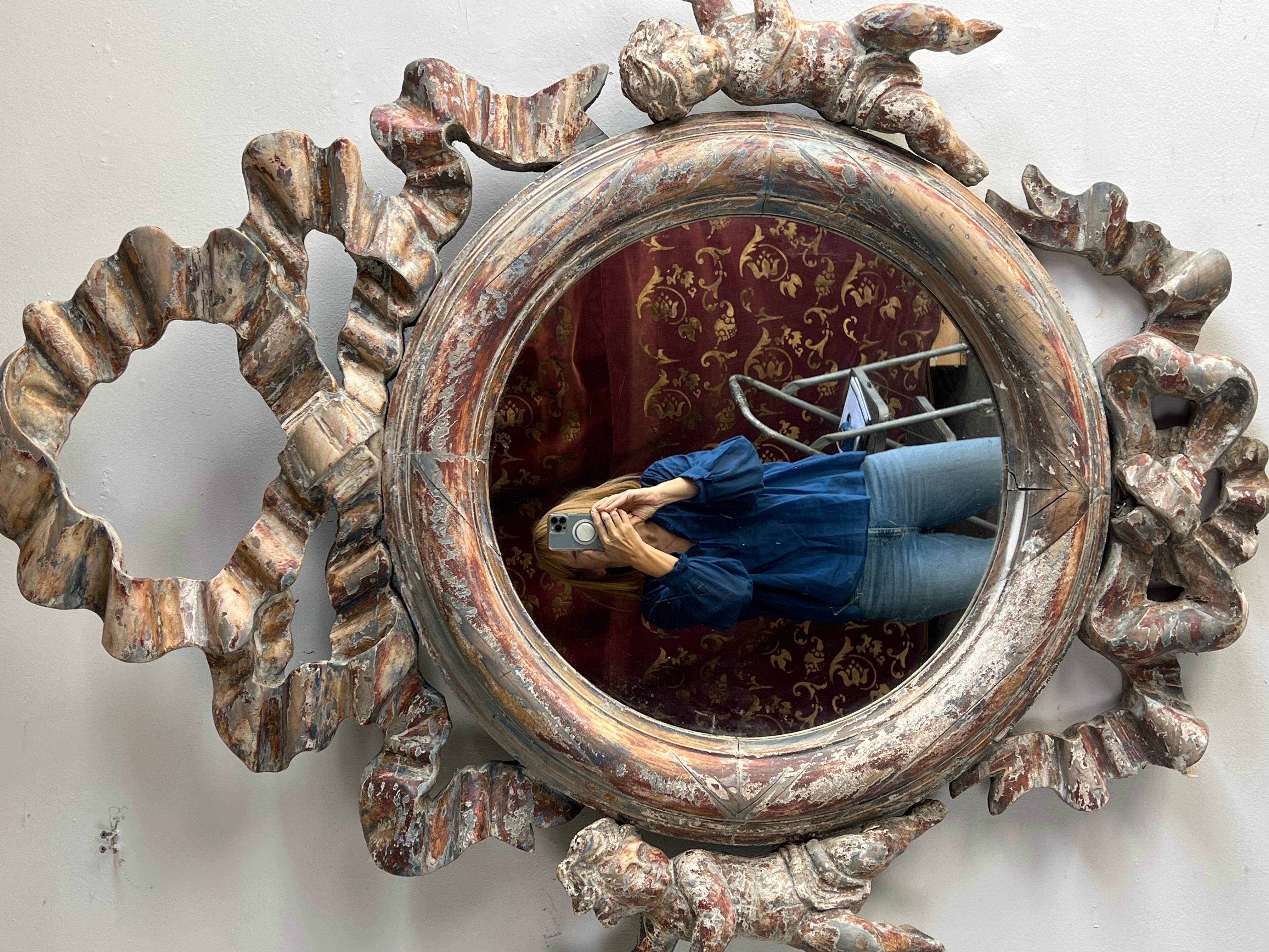 Rococo French Monumental Painted Wood Mirror W/ Cherubs, C. 1930's