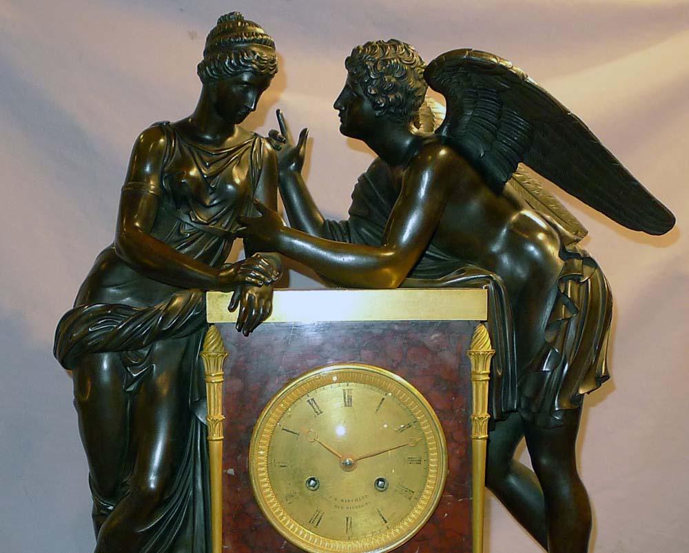 Early 19th Century French Monumental Version of Psyche and Cupid in Rouge Marble, Patinated Bronze  For Sale
