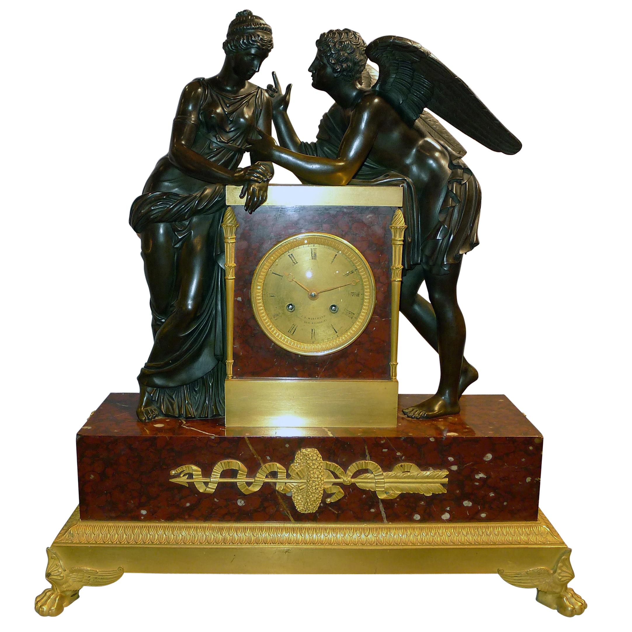 Version monumentale française de Psyché et Cupidon en marbre rouge, bronze patiné 