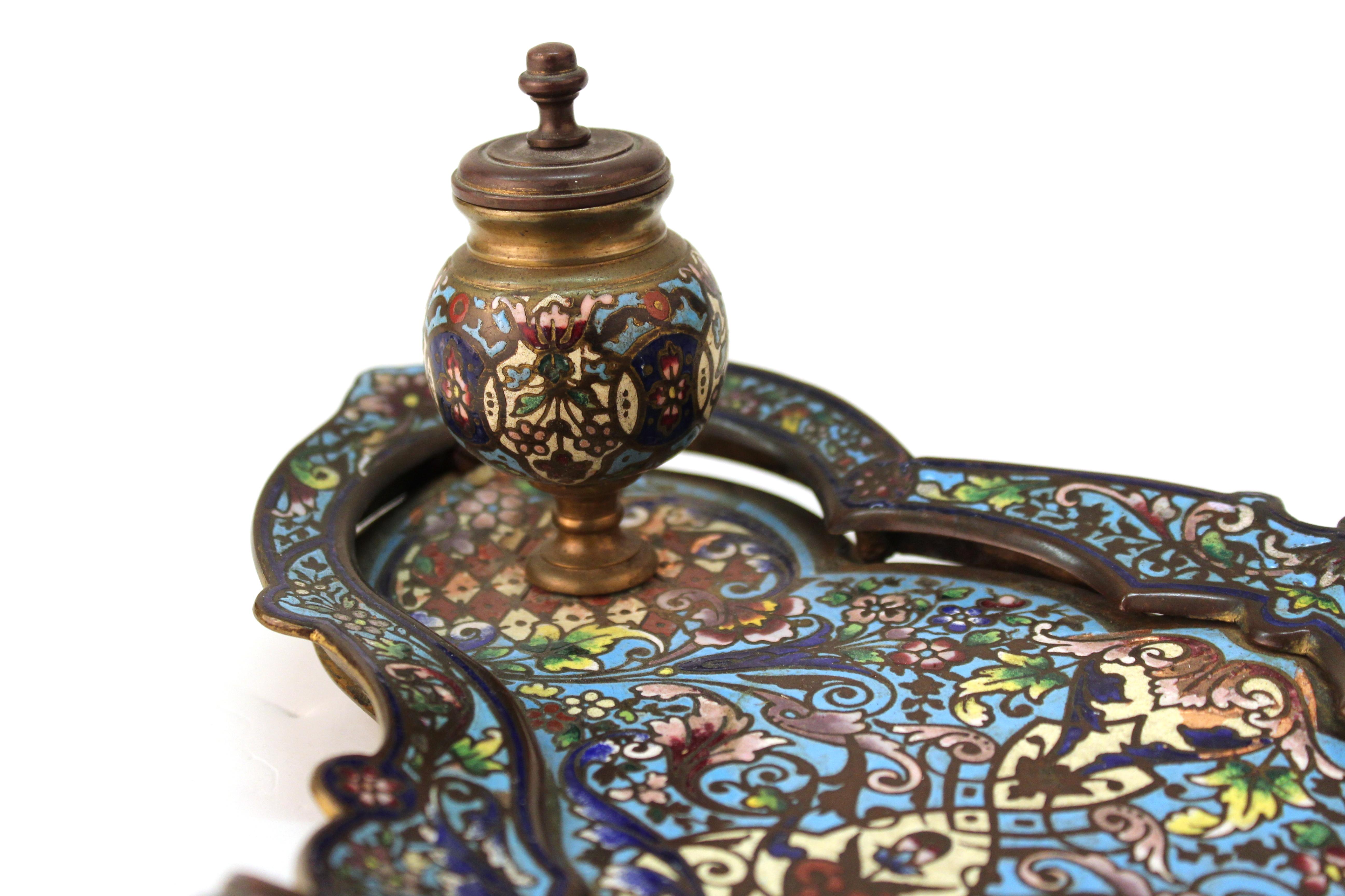 French Moorish Style Champlevé Enameled Bronze Double Inkwell Pen Tray 6