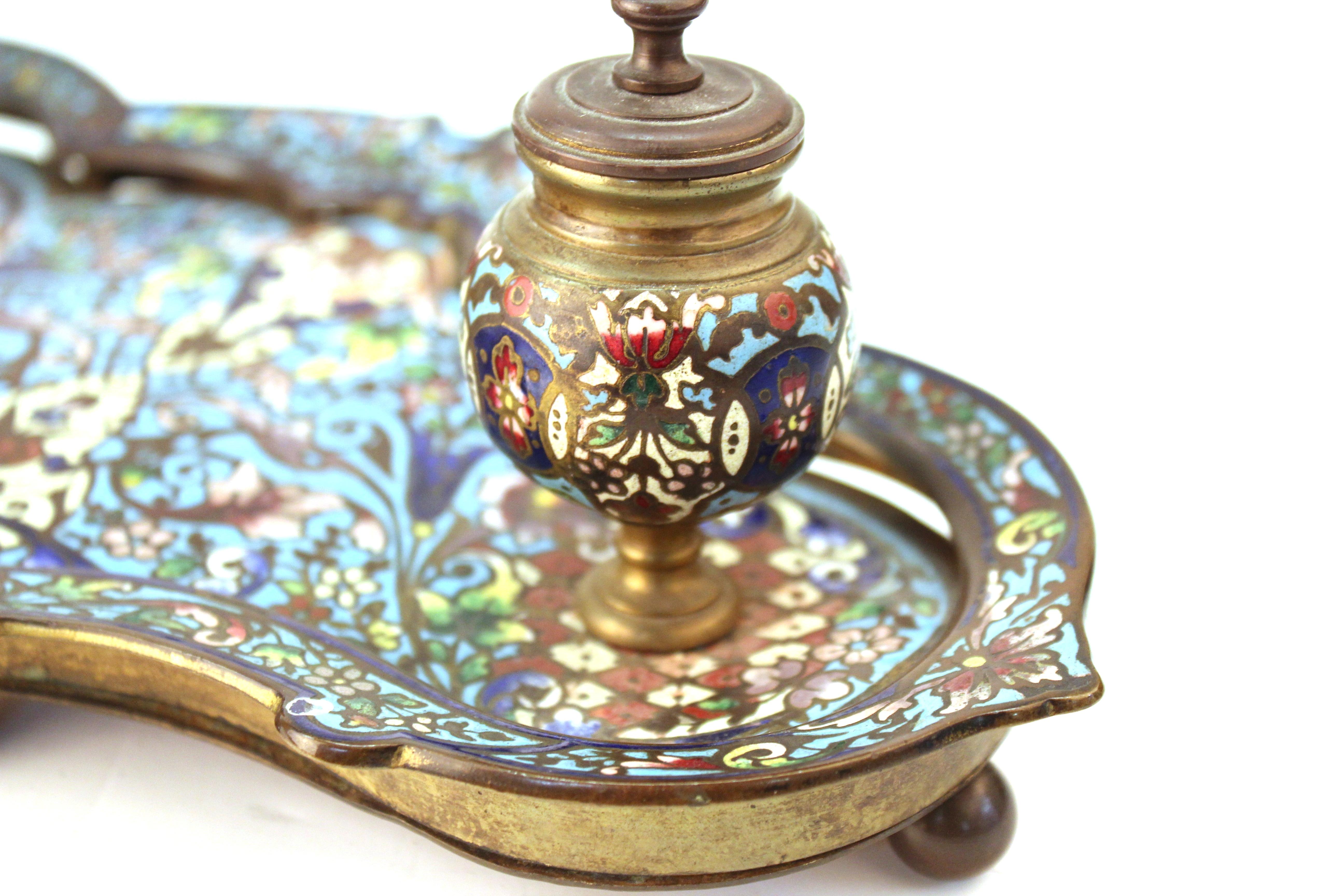 French Moorish Style Champlevé Enameled Bronze Double Inkwell Pen Tray 7