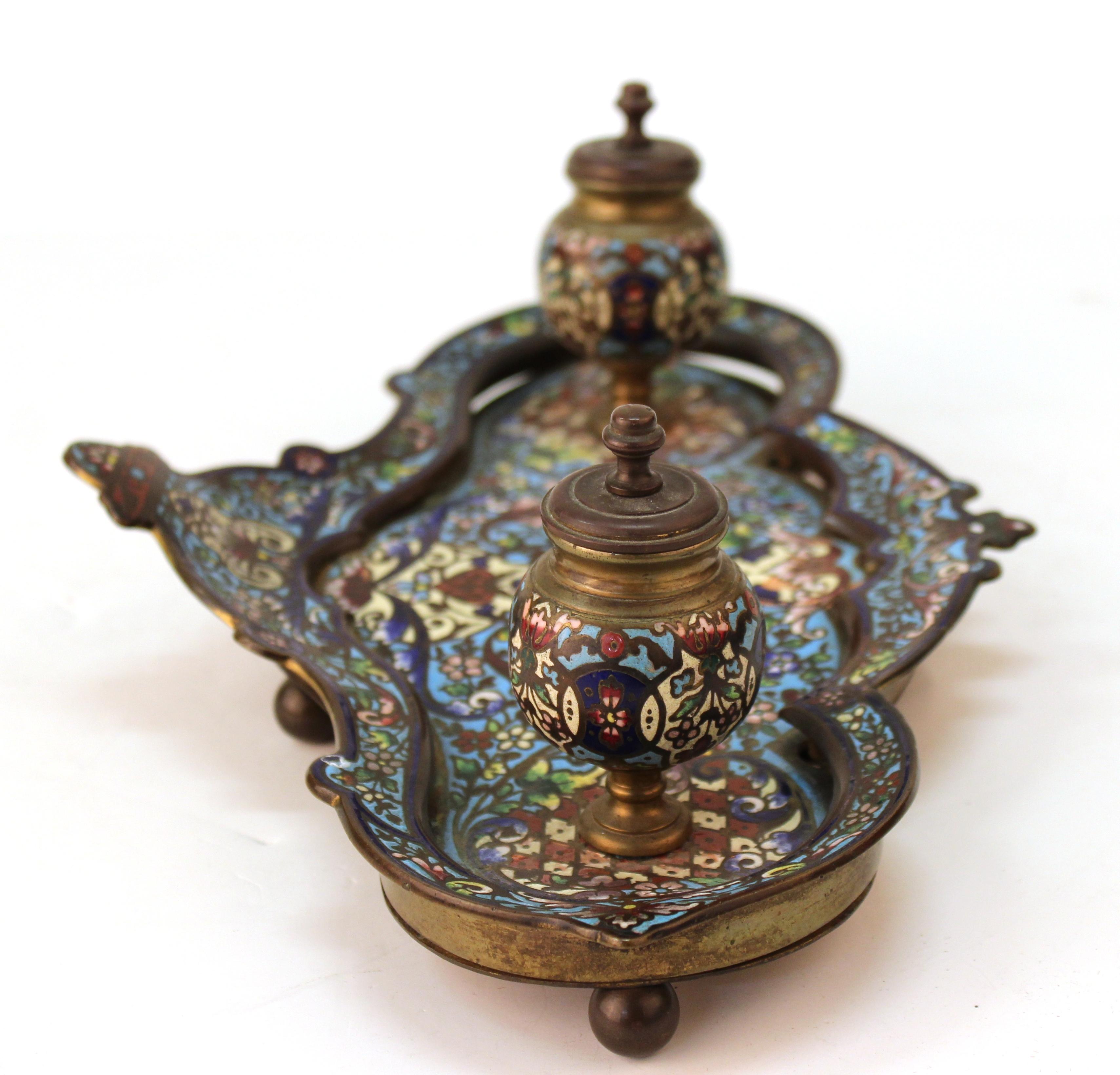 French Moorish Style Champlevé Enameled Bronze Double Inkwell Pen Tray In Good Condition In New York, NY