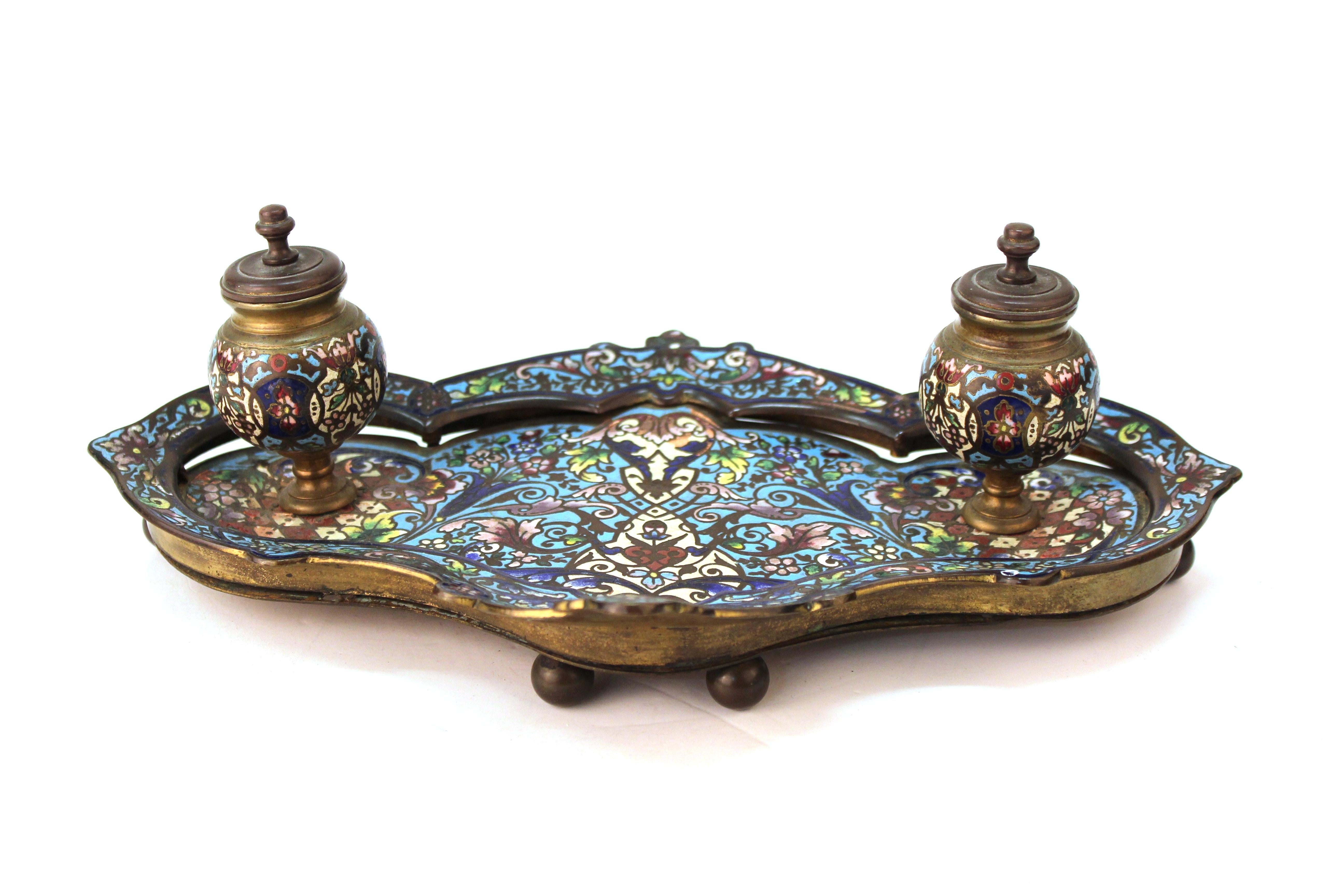 Mid-19th Century French Moorish Style Champlevé Enameled Bronze Double Inkwell Pen Tray