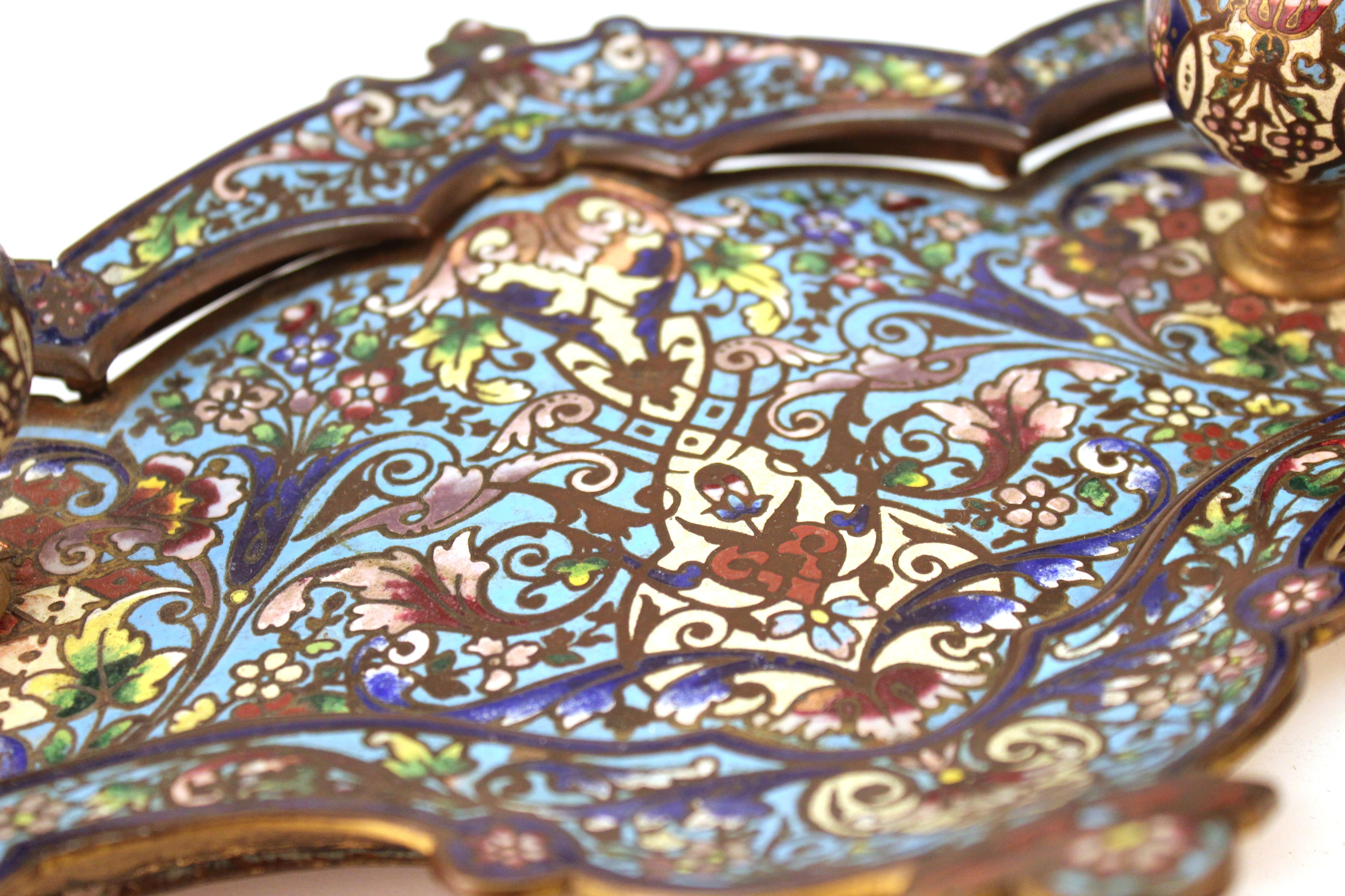 French Moorish Style Champlevé Enameled Bronze Double Inkwell Pen Tray 2