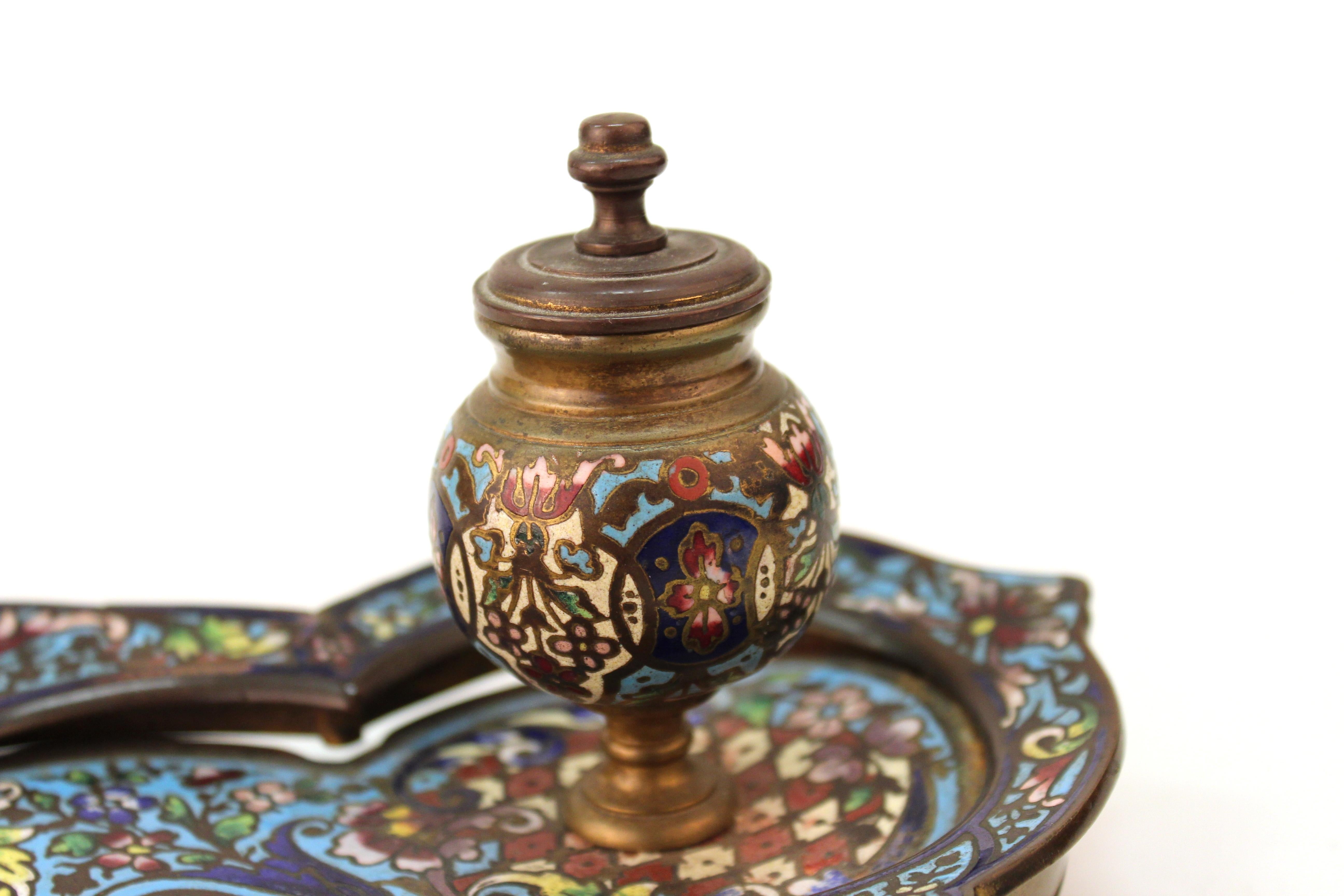 French Moorish Style Champlevé Enameled Bronze Double Inkwell Pen Tray 3