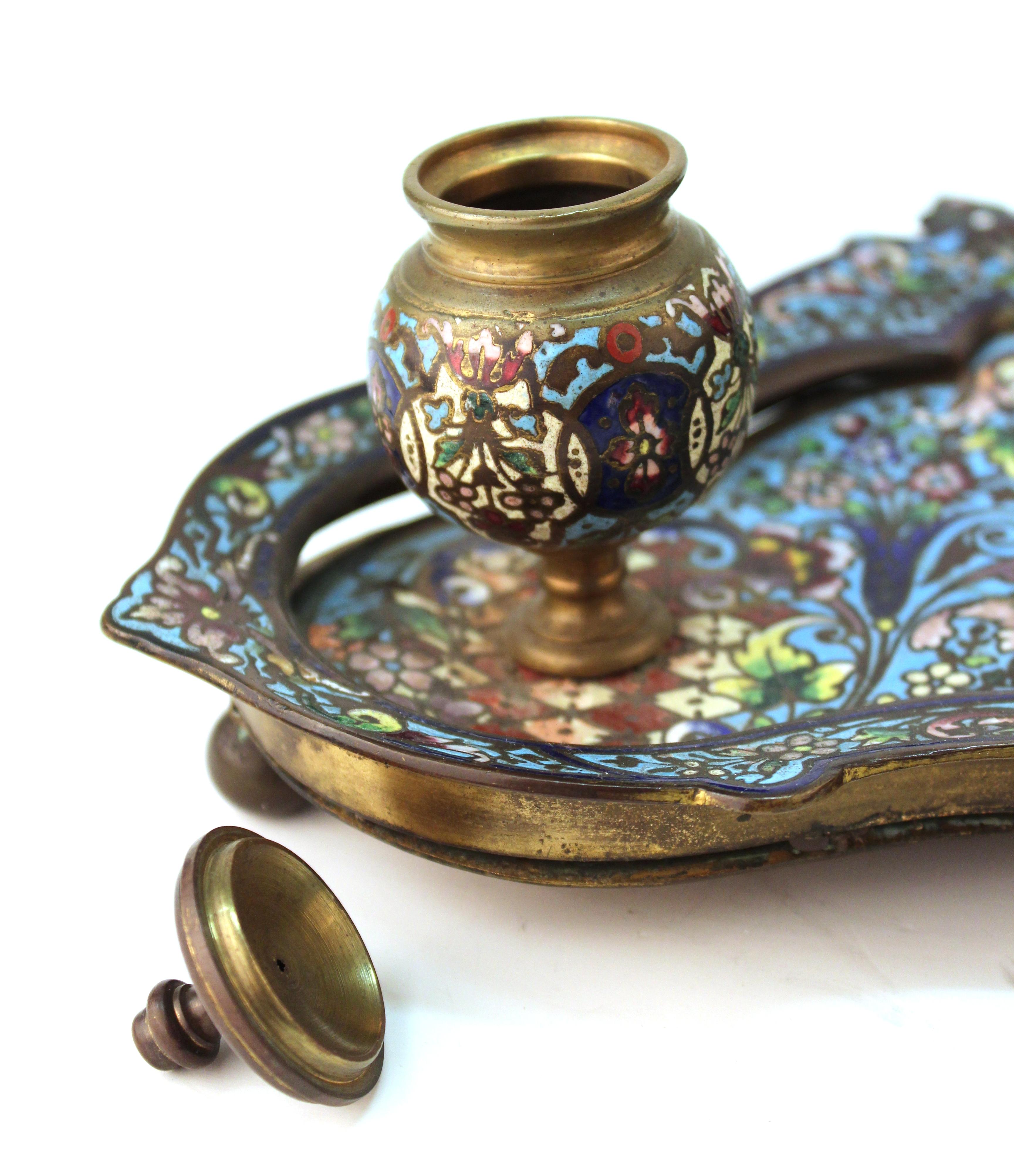 French Moorish Style Champlevé Enameled Bronze Double Inkwell Pen Tray 4