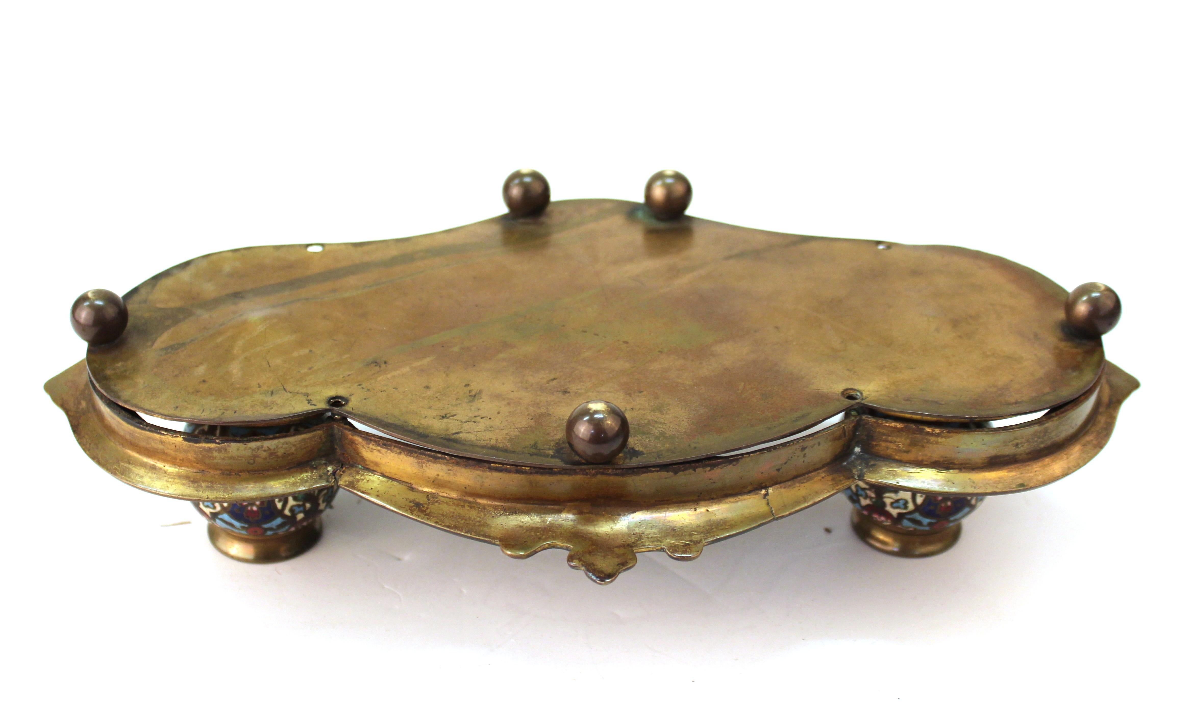 French Moorish Style Champlevé Enameled Bronze Double Inkwell Pen Tray 5
