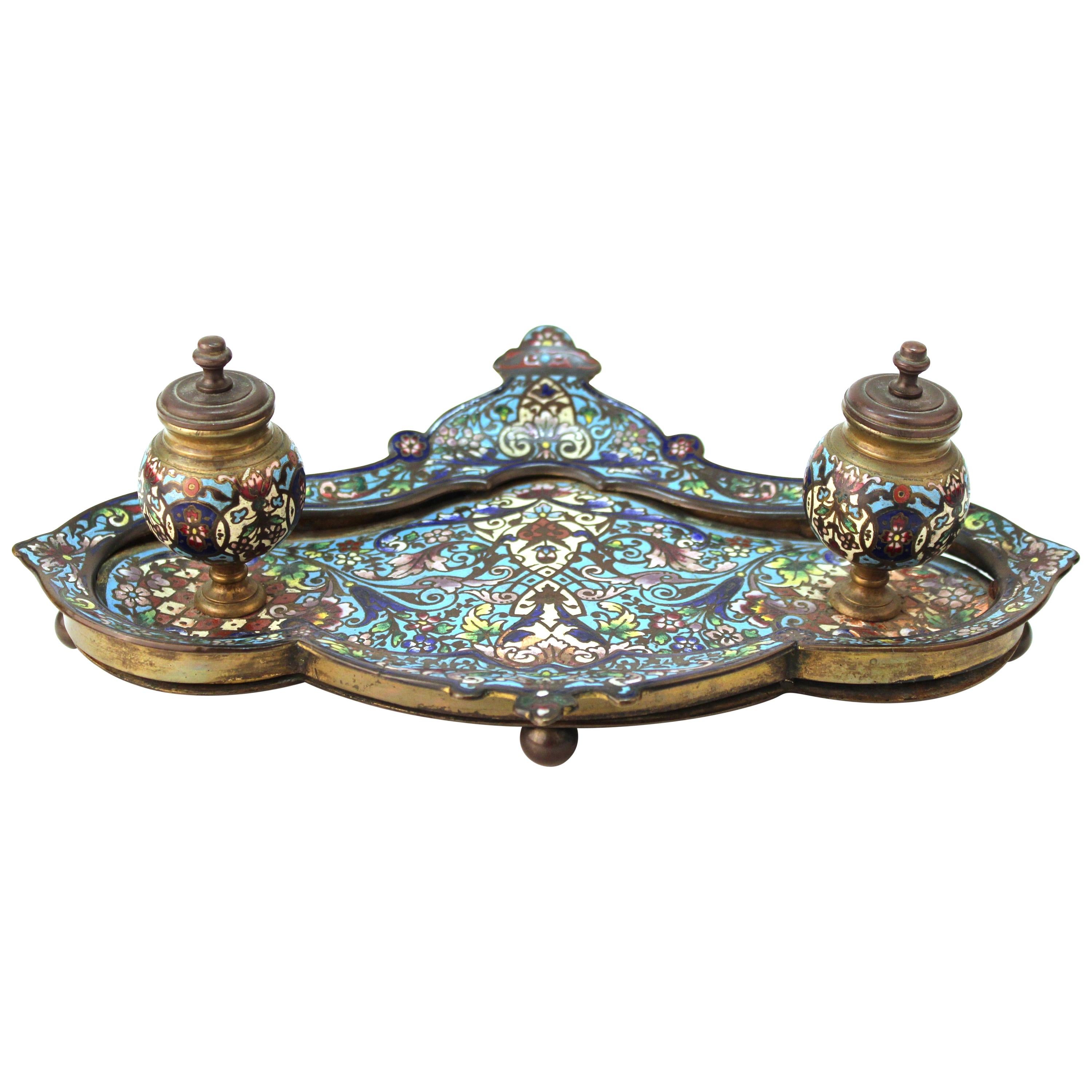 French Moorish Style Champlevé Enameled Bronze Double Inkwell Pen Tray