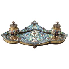 Antique French Moorish Style Champlevé Enameled Bronze Double Inkwell Pen Tray