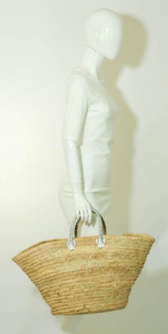 Borsa Tote in paglia marocchina francese con manici in pelle con profili