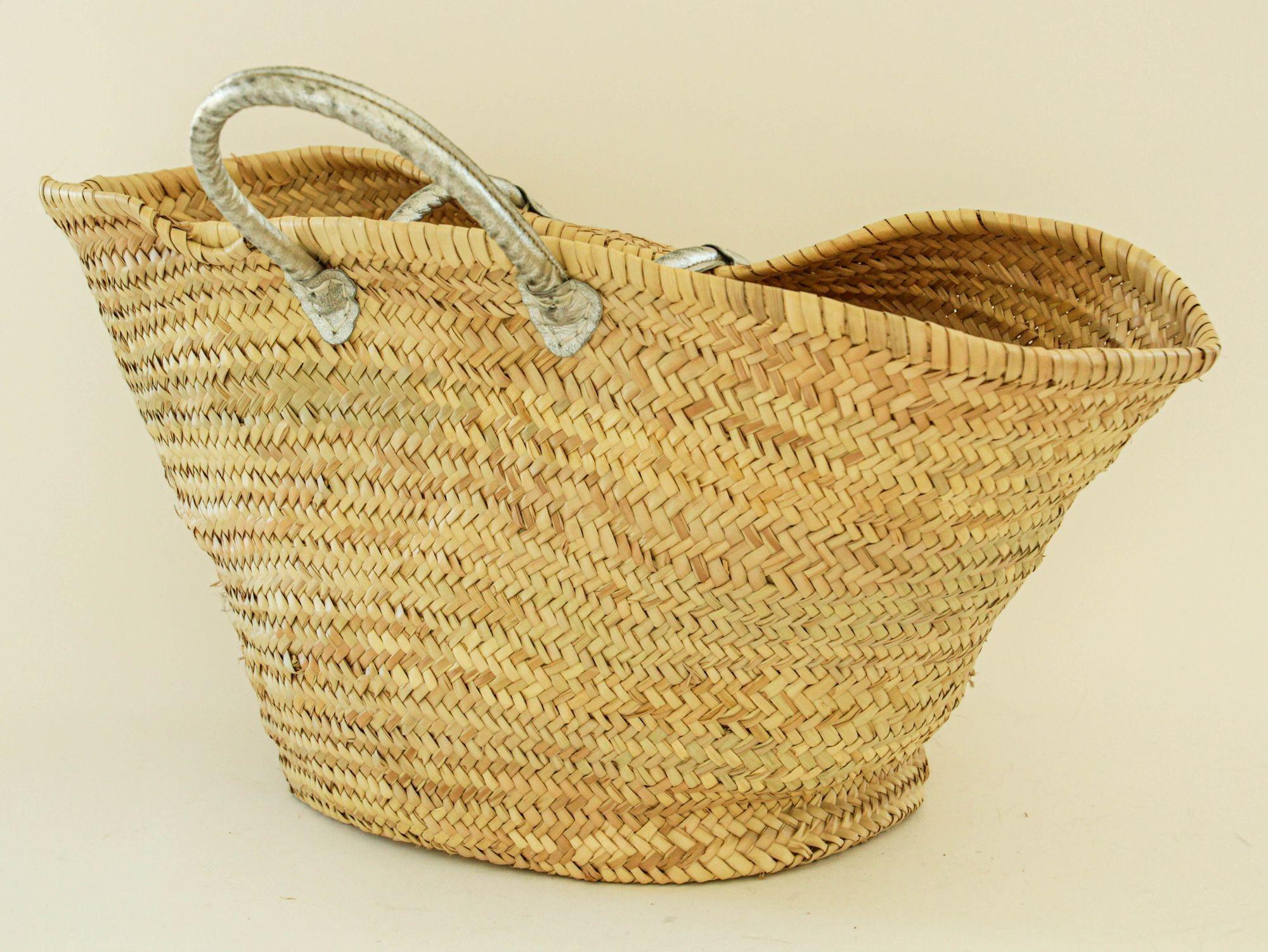Marocain Sac fourre-tout marocain en paille avec poignées en cuir passepoil en vente