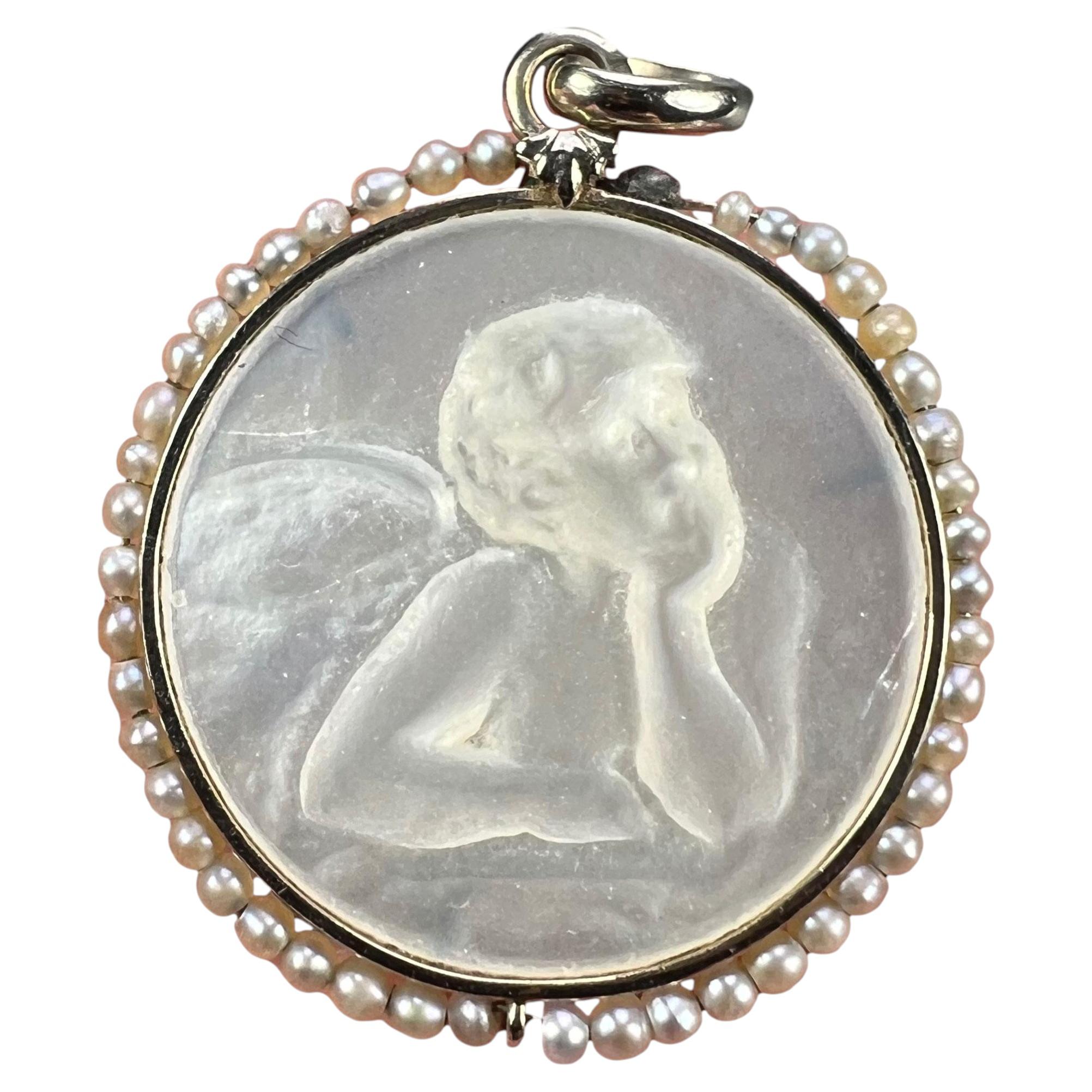French Mother of Pearl Rafael’s Cherub 18K White Gold Seed Pearl Medal Pendant For Sale