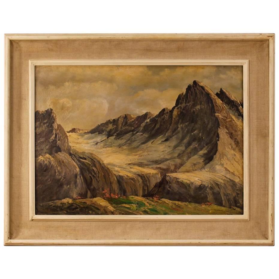 French Mountain Landscape Painting Oil on Canvas from 20th Century