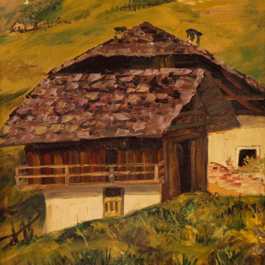 French painting from 20th century. Framework oil on cardboard depicting a mountain landscape with a chalet in impressionistic style. Painting of great size and impact with a wooden guilloche frame decorated. Framework in good state of conservation.