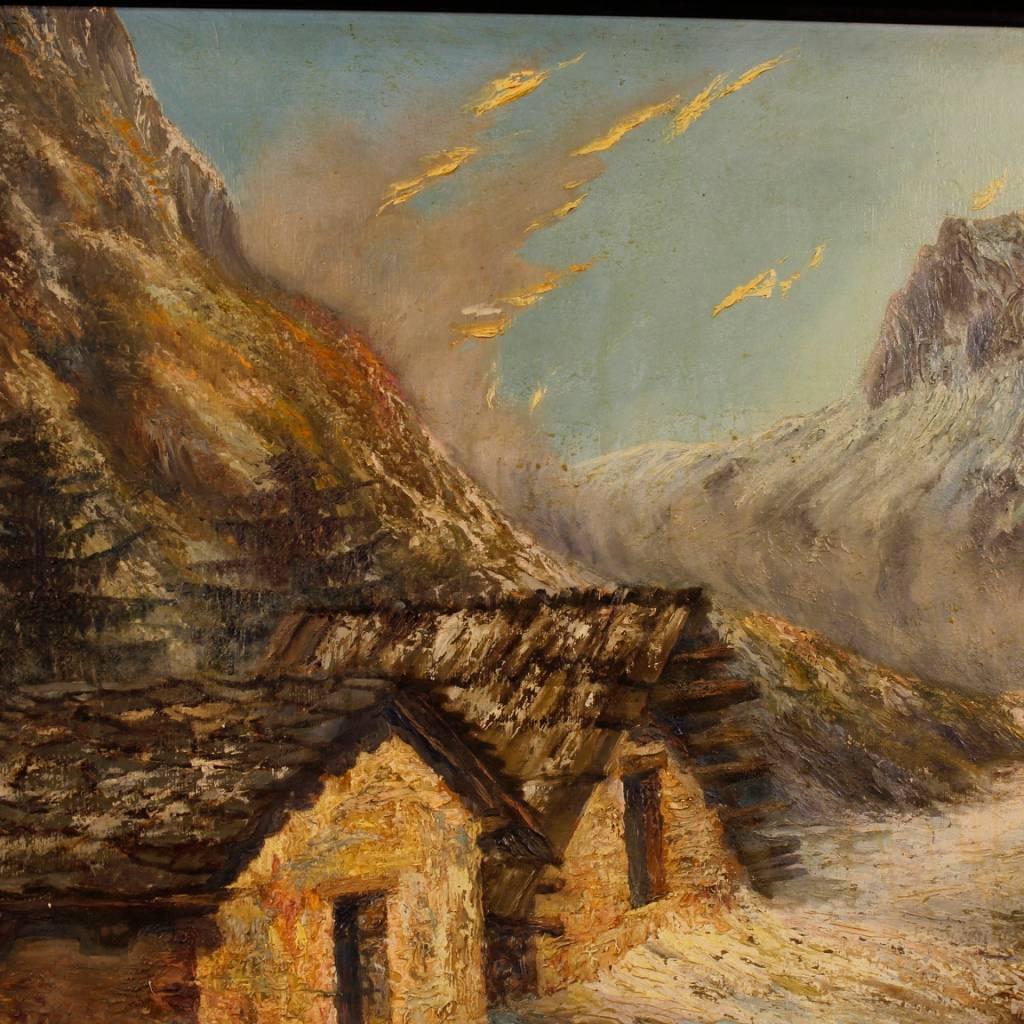Wood 20th Century Oil on Board French Mountain Landscape Signed Painting, 1960 For Sale