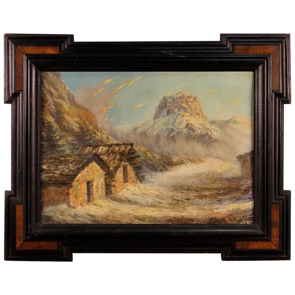 Oil painting on board from 20th century. French painting signed lower right, for antique dealers and collectors. Work depicting a mountain landscape of great charm and good pictorial quality. Ebonized frame with elements in walnut color in excellent