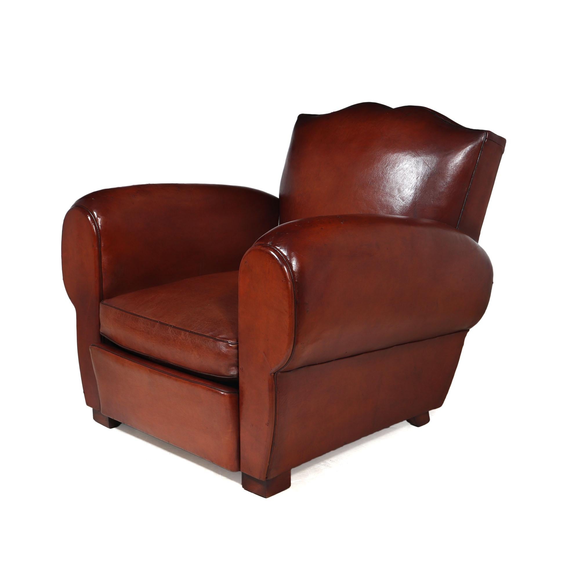 Art Deco French Moustache Back Leather Club Chair For Sale