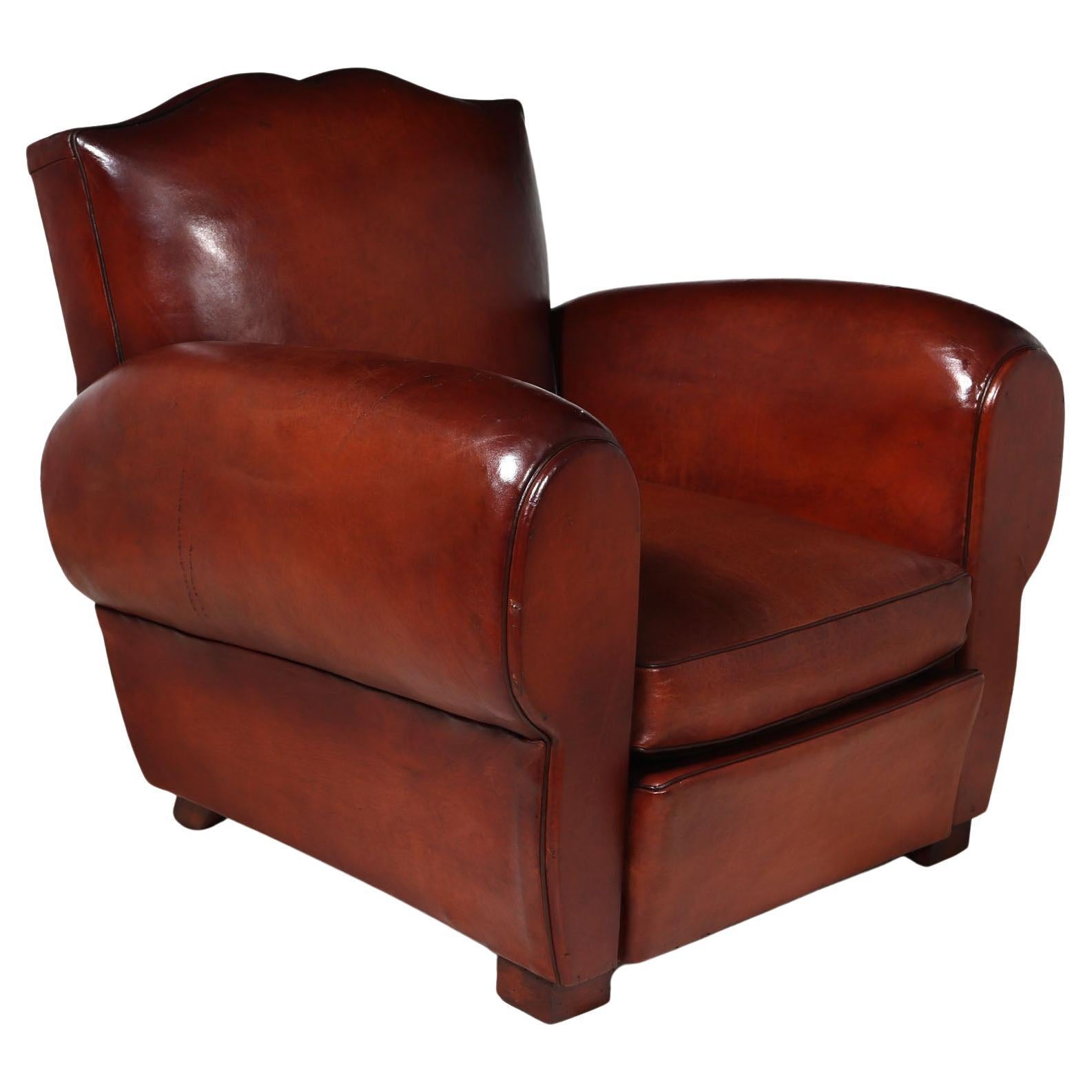 French Moustache Back Leather Club Chair For Sale