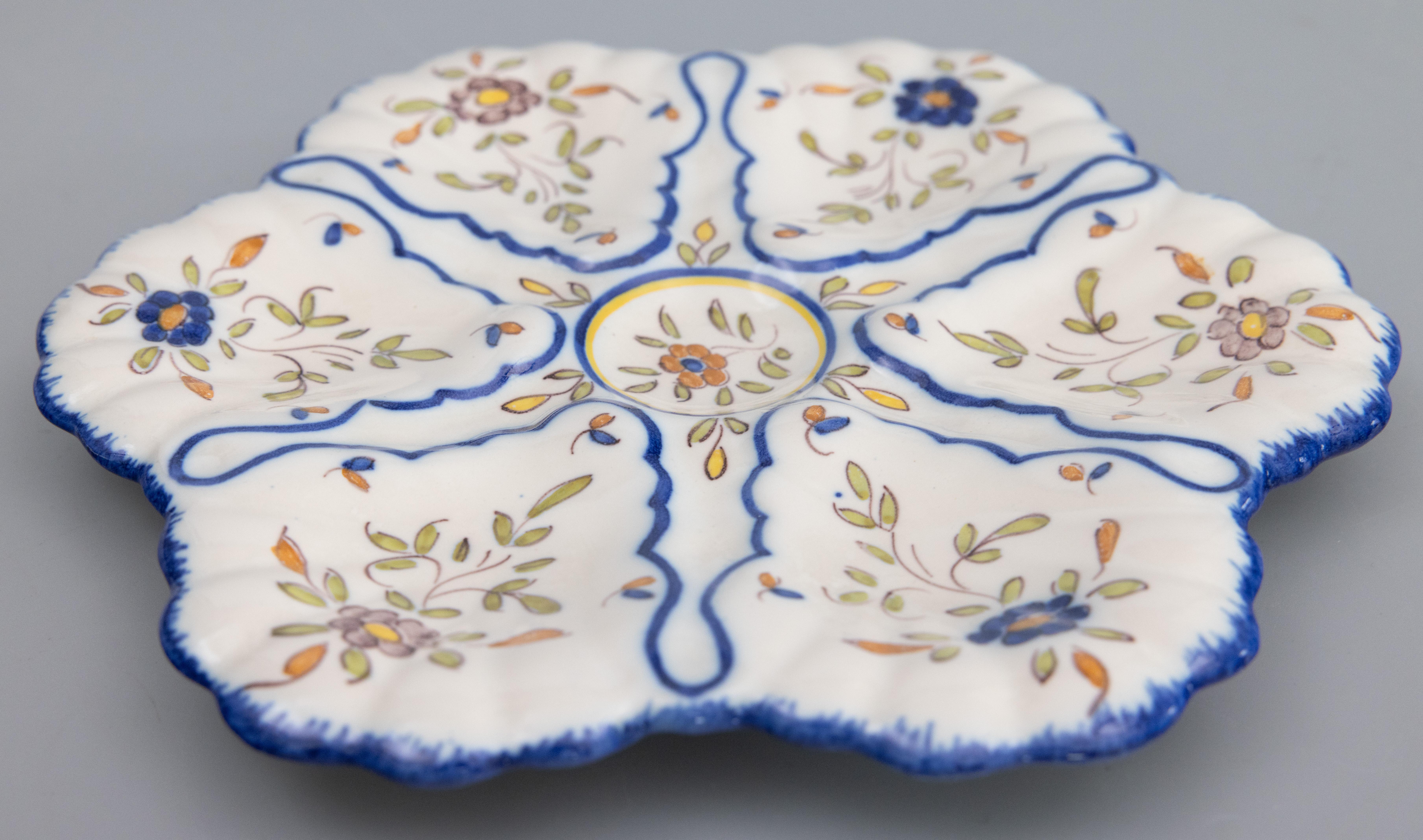 Hand-Painted French Moustier Faience Floral Oyster Plate, Circa 1940 For Sale