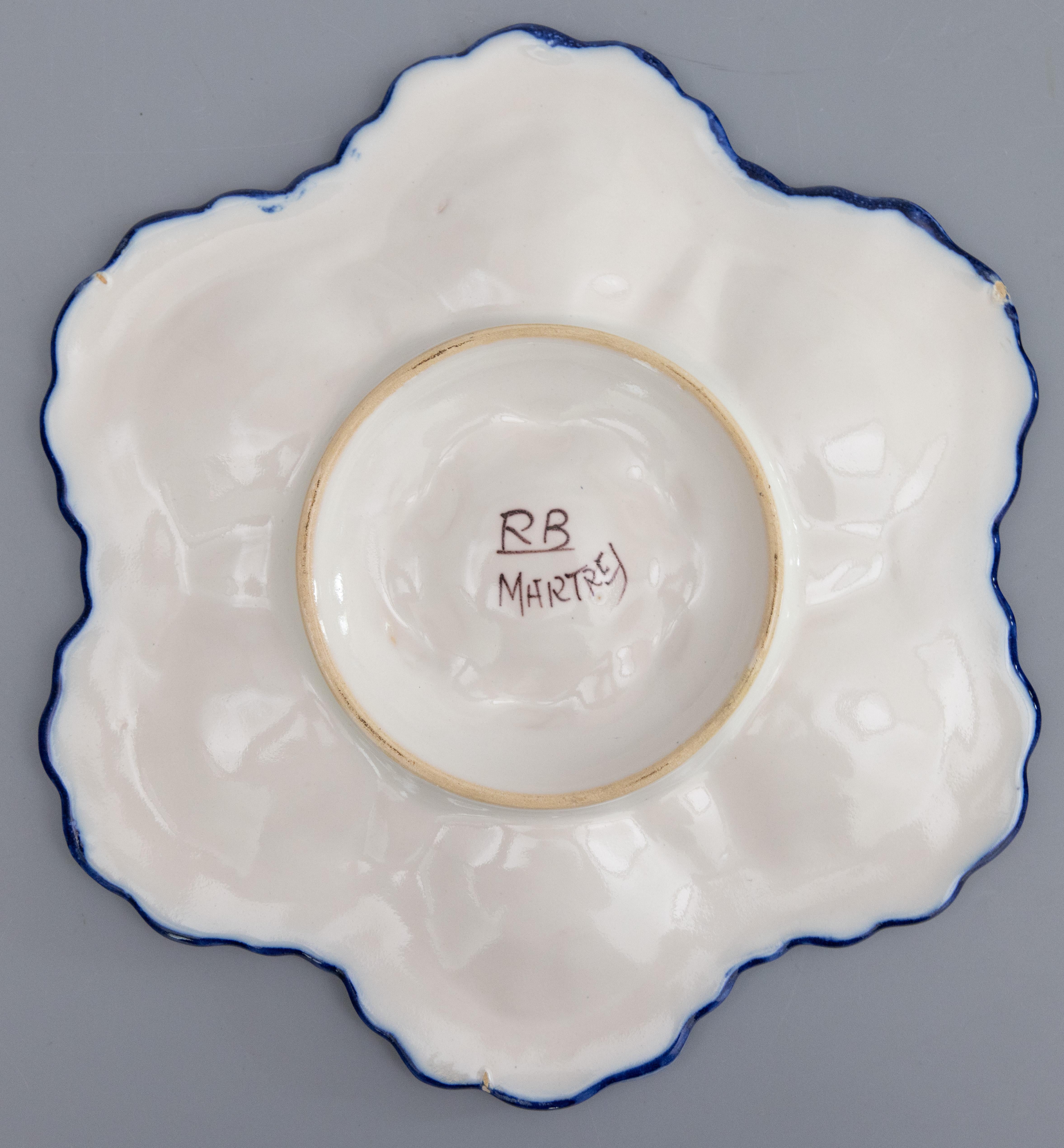 Mid-20th Century French Moustier Faience Floral Oyster Plate, Circa 1940 For Sale