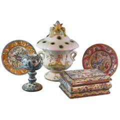 French Moustiers Faience Vase, Portuguese Candlestick, Berardos Box & Two Plates