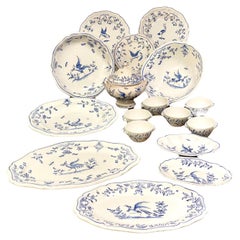 French Moustiers Hand-Painted Faience Dinner Service with Blue Bird Motif