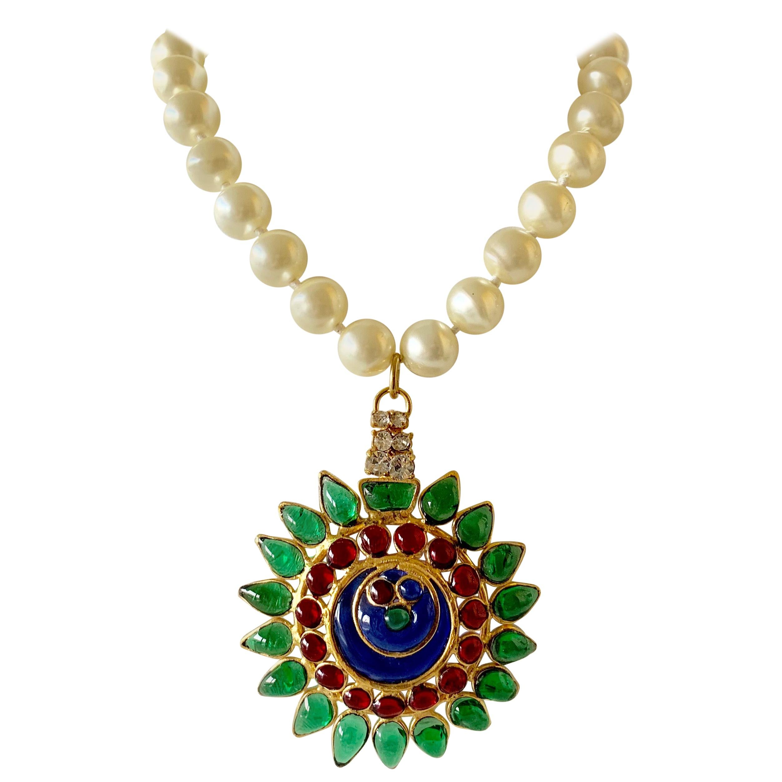 French Mughal Pate de Verre Pearl Statement "Collier" Necklace